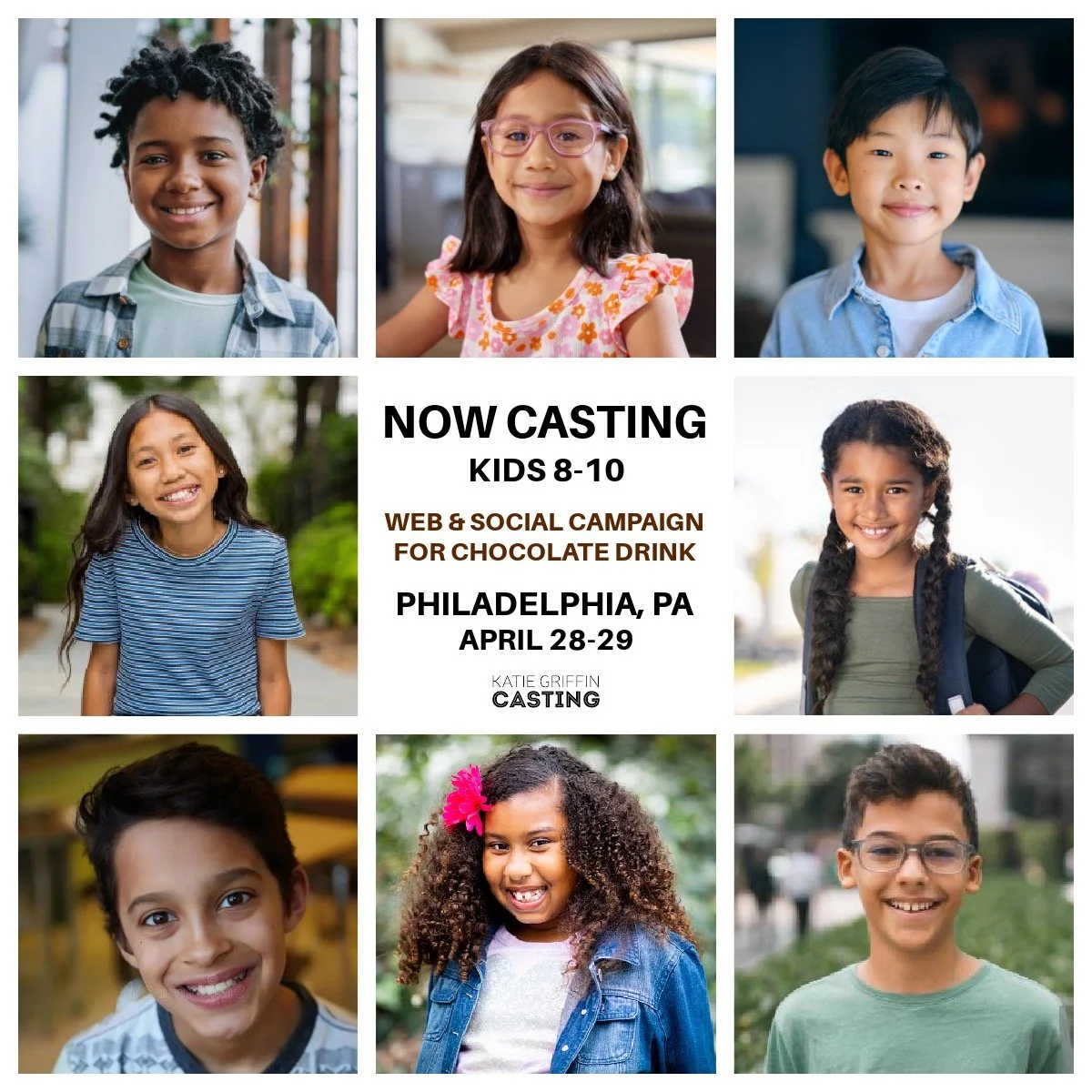 NOW CASTING! Kids ages 8&ndash;10 for a Web &amp; Social Campaign for a Chocolate Drink shooting in Philadelphia, PA. Shoot dates are April 28&ndash;29. Talent MUST be local to the Philadelphia area and have on-camera experience. 
If this sounds like