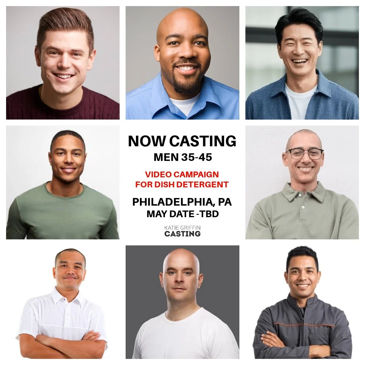 NOW CASTING! Clean-cut Men 35-45 for a Dish Detergent Video Campaign that shoots in Philadelphia, PA.

TBD Shoot date - one day between May 4-11. Talent MUST be local to the Philadelphia area or be willing to work as a local.

If this sounds like you