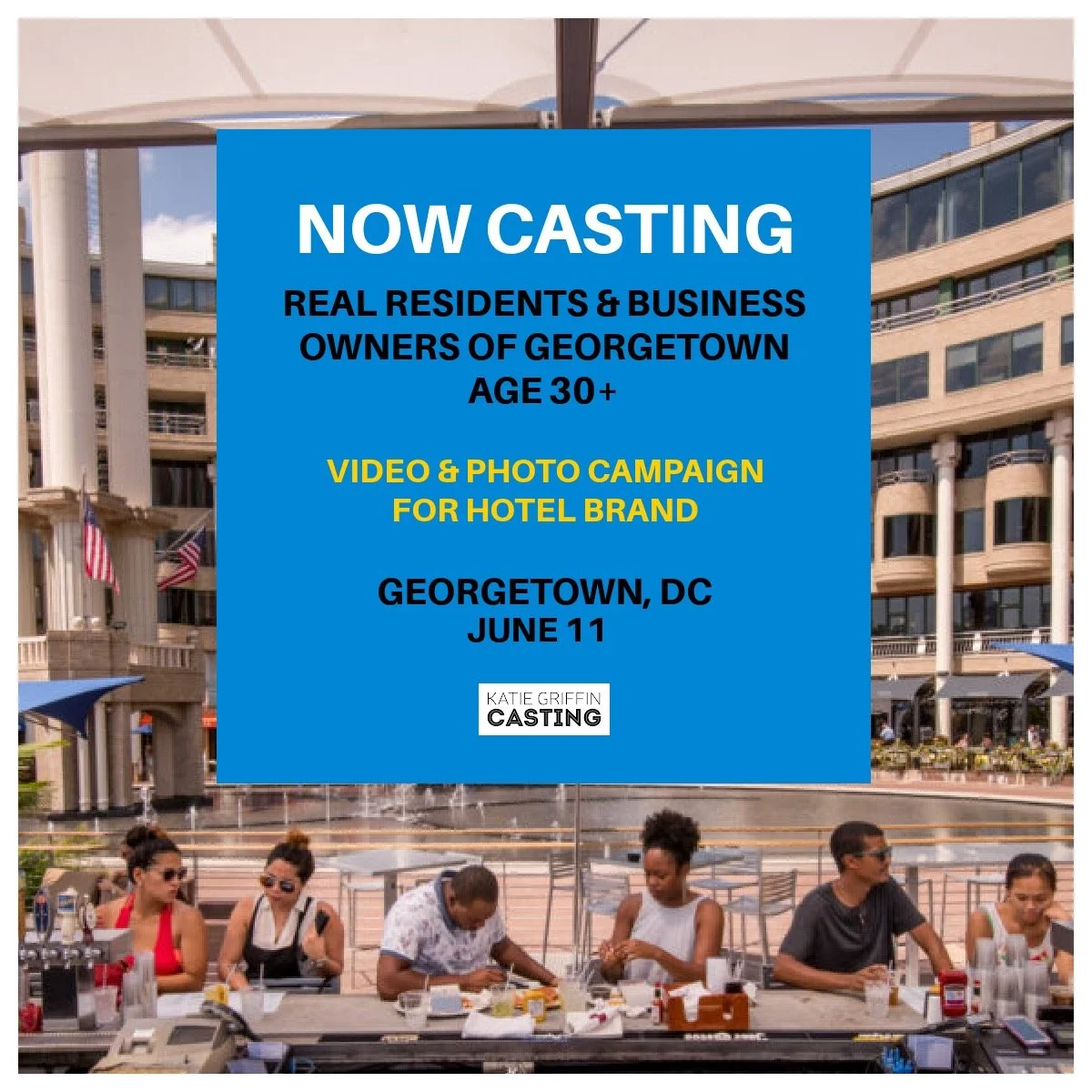 NOW CASTING GEORGETOWN LOCALS!!

We&rsquo;re looking for real Georgetown residents and business owners, age 30 and up, for a photo and video campaign celebrating the neighborhood.

This is for a new hotel opening and highlights individuals who truly 