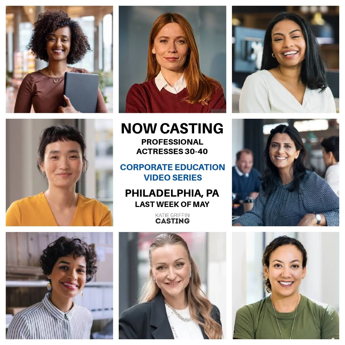 NOW CASTING! Professional Actresses 30-40 for a Nonunion Corporate Education Video Series that shoots in Philadelphia, PA.

The first shoot date is the last week of May. Talent MUST be local to the Philadelphia area or be willing to work as a local. 