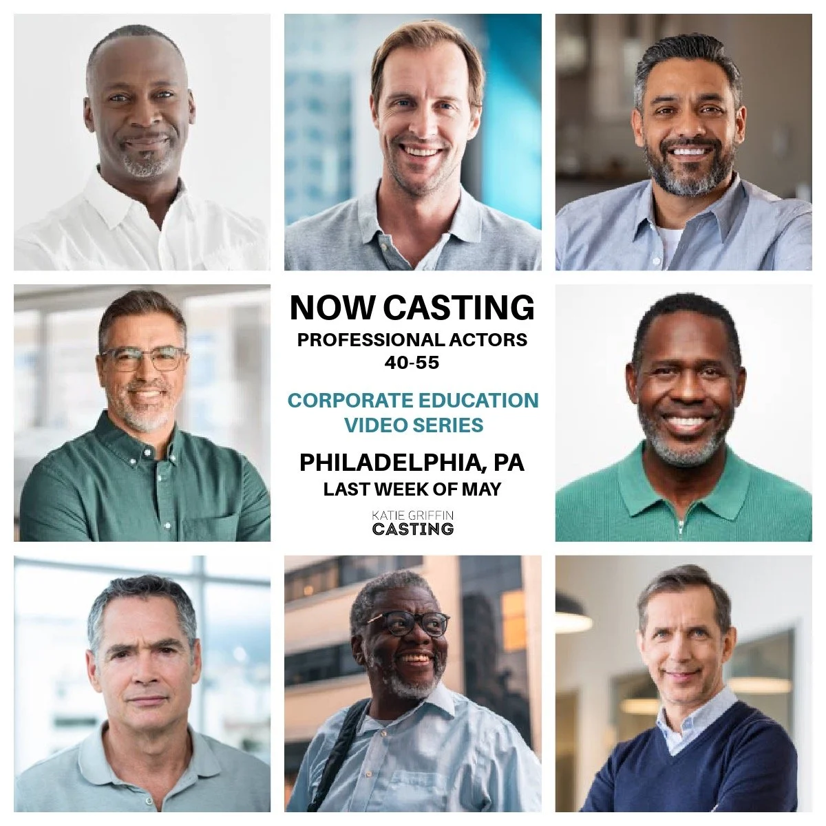 NOW CASTING! Professional Actors 40-55 for a Nonunion Corporate Education Video Series that shoots in Philadelphia, PA.

The first shoot date is the last week of May. Talent MUST be local to the Philadelphia area or be willing to work as a local. Pro