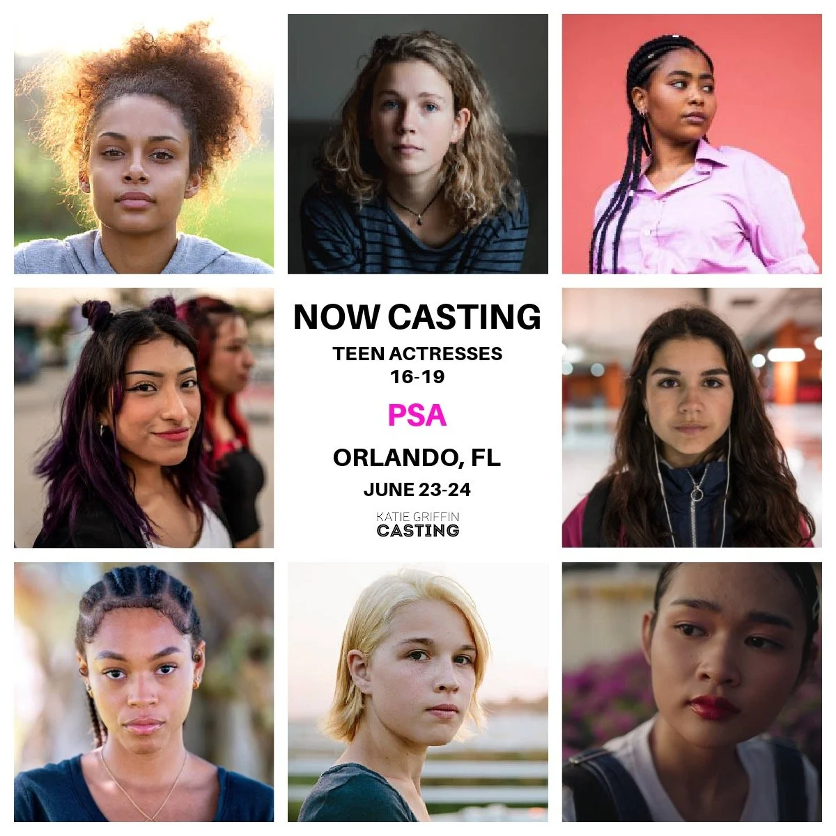 NOW CASTING!
Professional teen actresses ages 16&ndash;19 for a PSA shooting in Orlando, FL. Talent must be local to the Orlando area or willing to work as a local. 

Shoot dates are June 23&ndash;24. 

We are casting young actresses who can deliver 