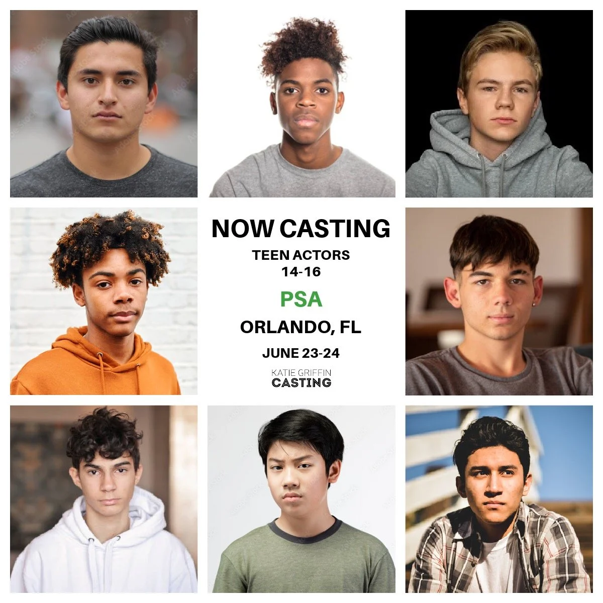 NOW CASTING!
Professional teen male actors ages 14&ndash;16 for a nonunion PSA shooting in Orlando, FL.

Talent must be local to the Orlando area or willing to work as a local.

Shoot dates: June 23&ndash;24.

We are seeking strong young performers w