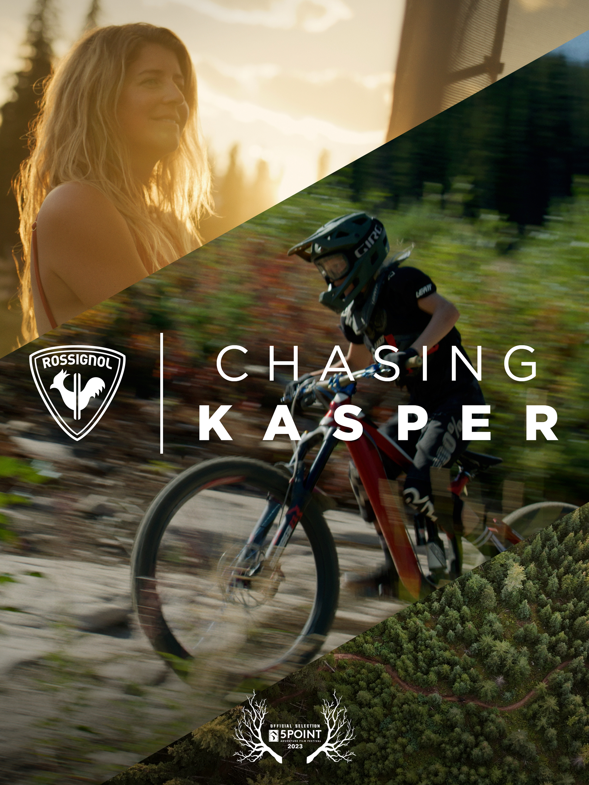 Cover of 'Chasing Kasper' by Rossignol featuring a woman smiling in warm sunlight and a young person mountain biking wearing a helmet, with a background of trees and a forested area.