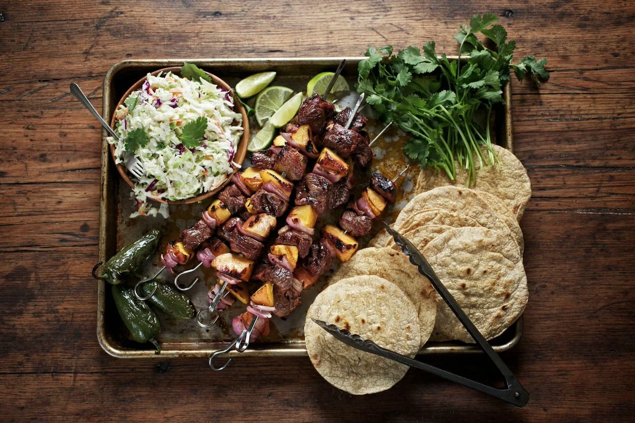 Grilled American Lamb Kabobs with Peach and Red Onion 
