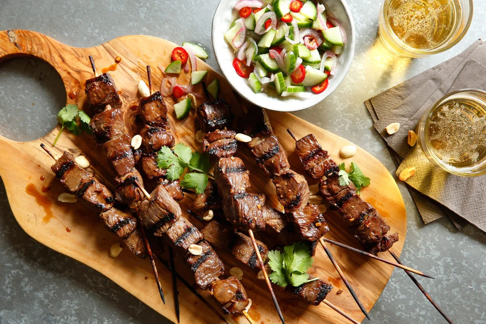 Southeast Asian American Lamb Skewers with Spicy Cucumber Relish 