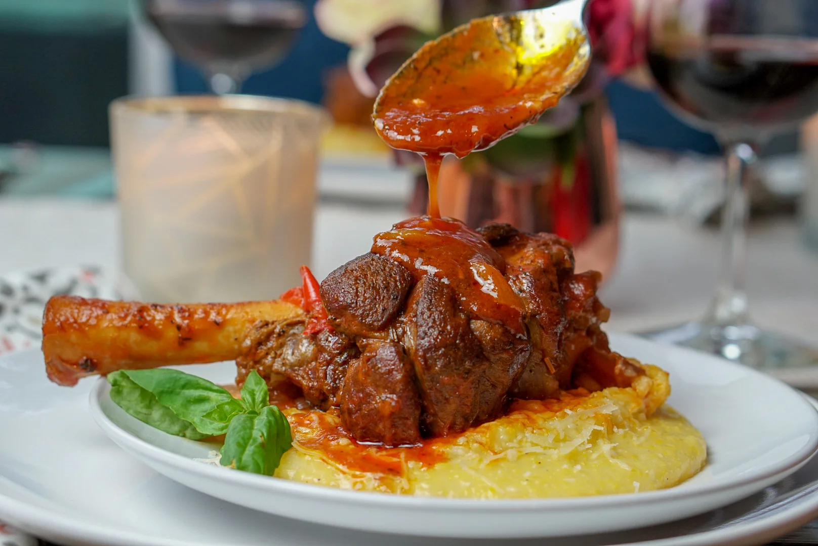 Braised Italian American Lamb Shanks with Garlic Parmesan Polenta