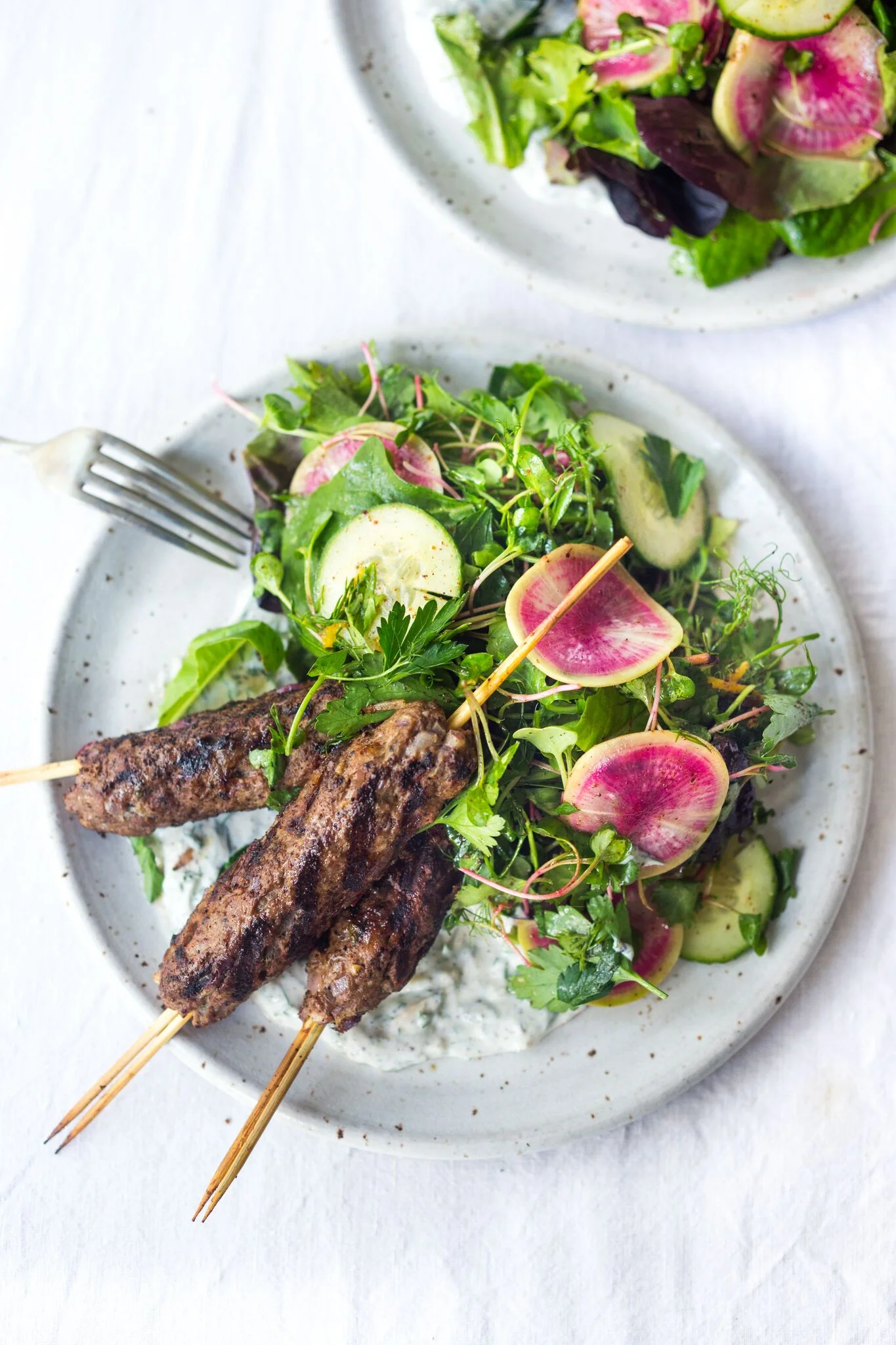 Grilled American Lamb Kebabs with Herb Salad and Yogurt Sauce