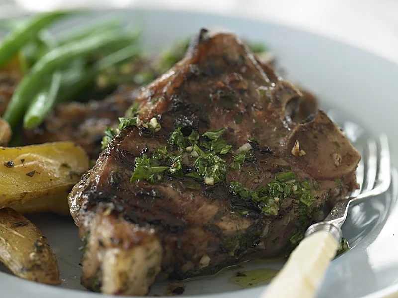 Fresh Mint and Garlic American Lamb Loin Chops with Roasted Fingerling Potatoes and Green Beans
