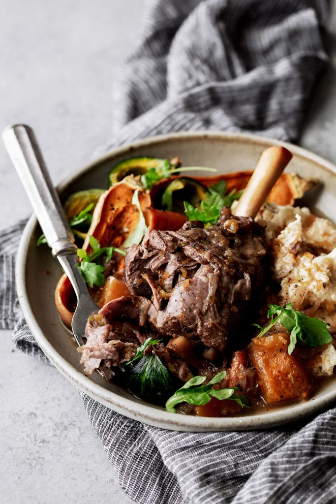 Red Wine Braised American Lamb Shanks with Butternut Squash
