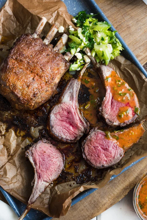 Spicy Buffalo-Style Rack of American Lamb with Crunchy Celery and Blue Cheese Salad