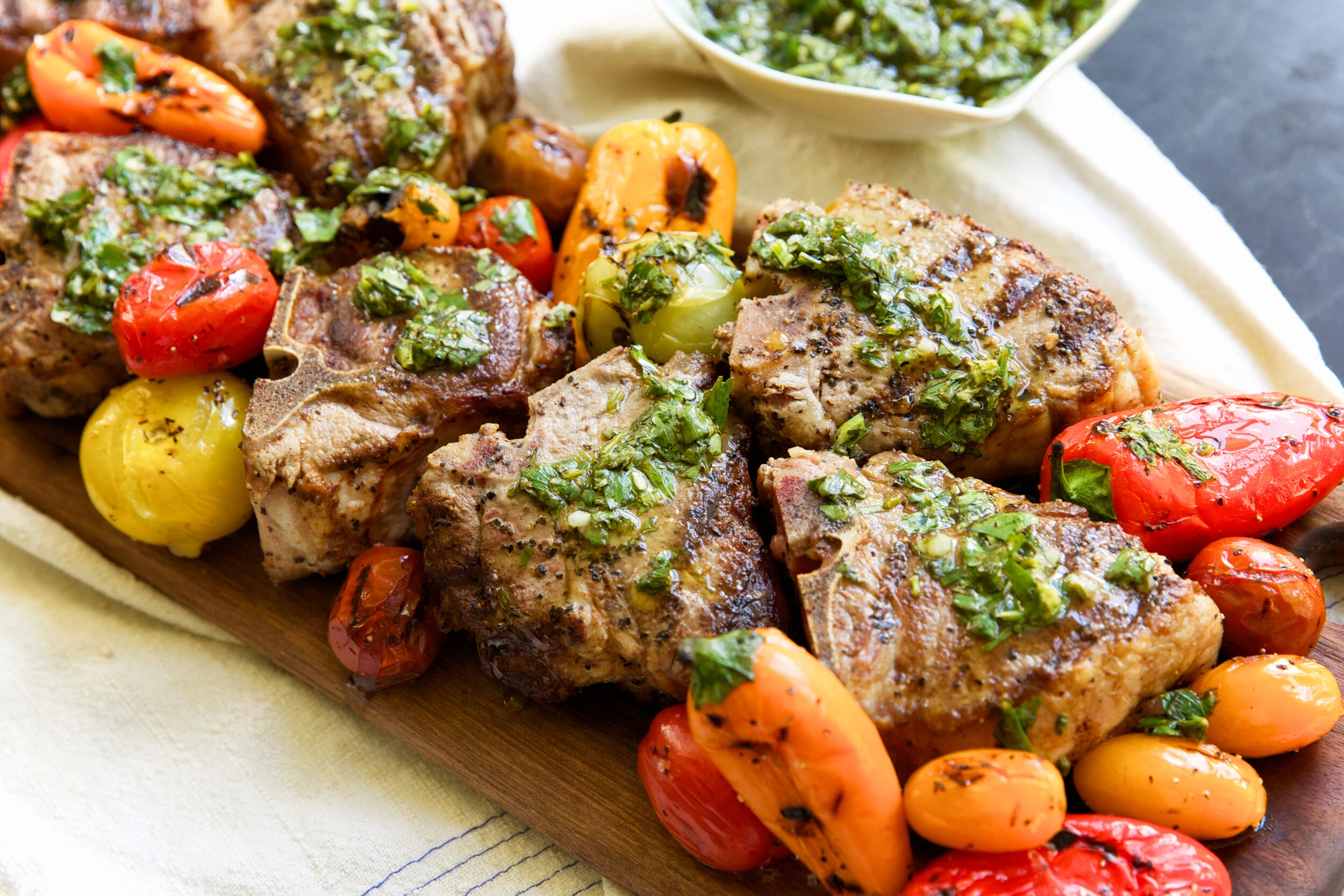 Grilled Lamb Loin Chops &amp; Tri-colored Mini Sweet Peppers and Cherry Tomato Medley with Chimichurri Sauce