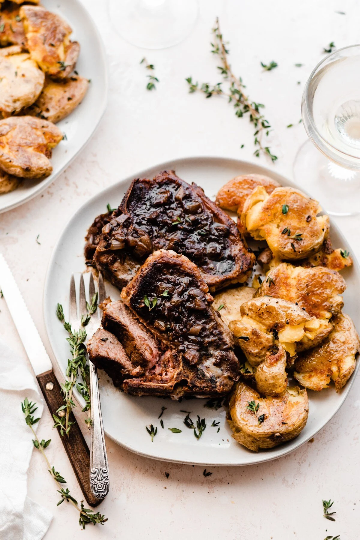 American Lamb Chops with Shallot &amp; Thyme Pan Sauce and Garlic Smashed Potatoes