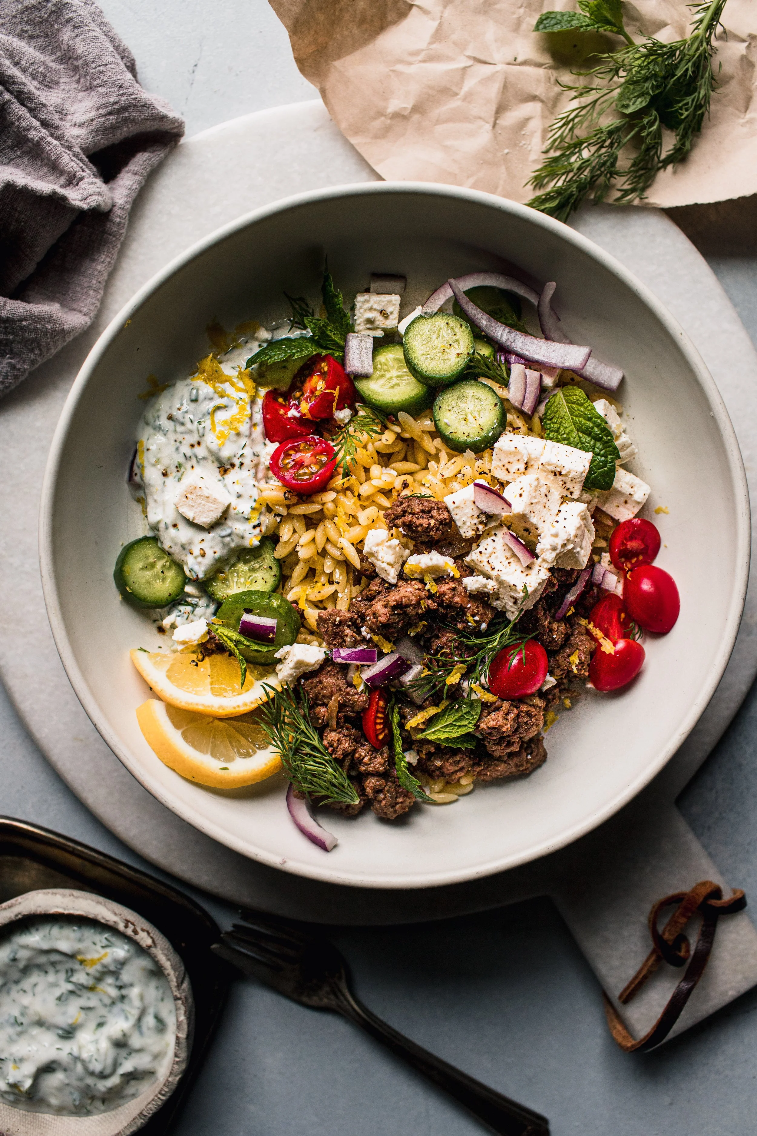 Lemon Orzo Bowls with Lamb &amp; Tzatziki