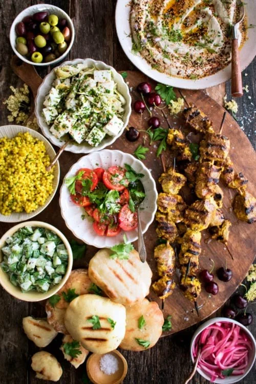 Summer Mezze Platter with Yogurt Marinated Lamb Skewers