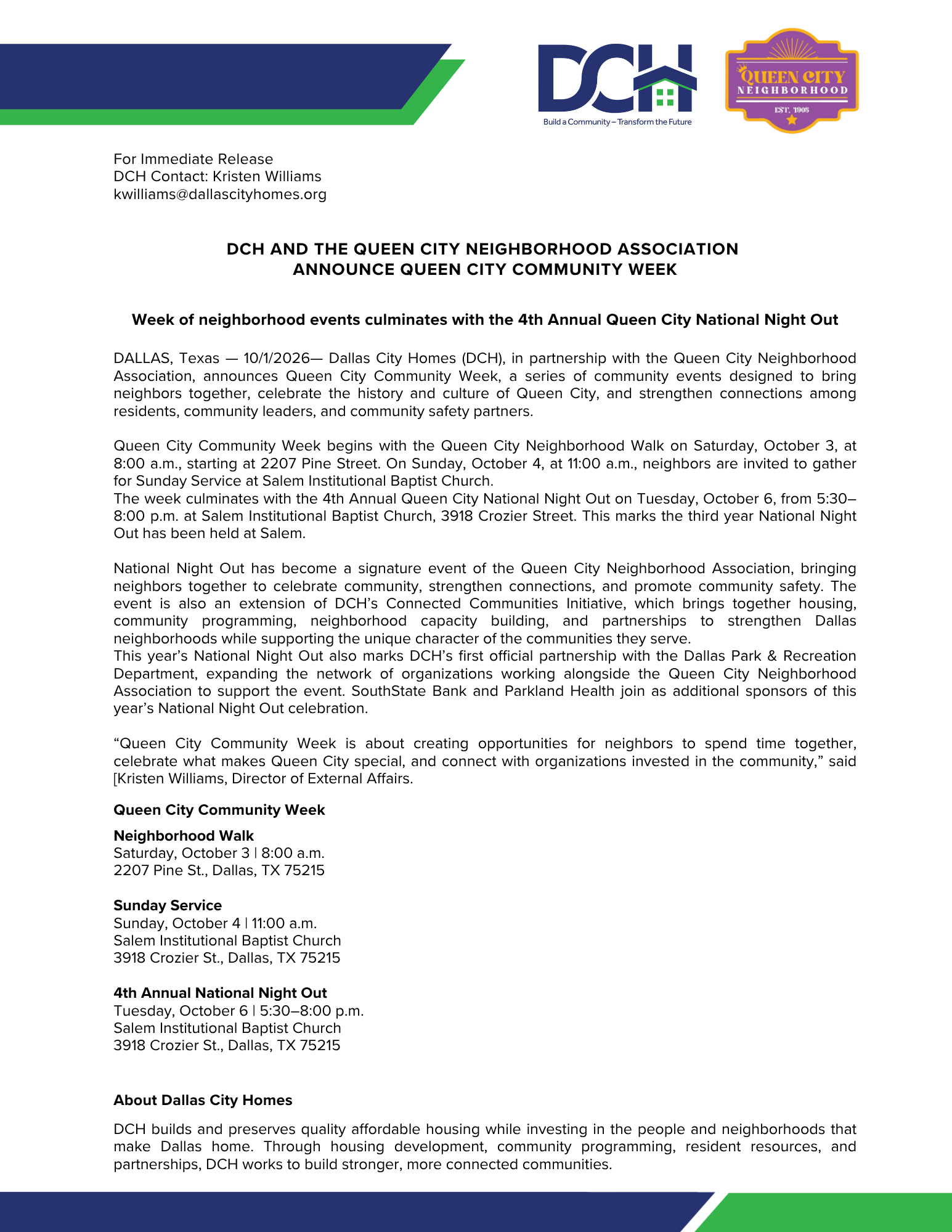 DCH and The Queen City Neighborhood Association Announce Queen City Community Week