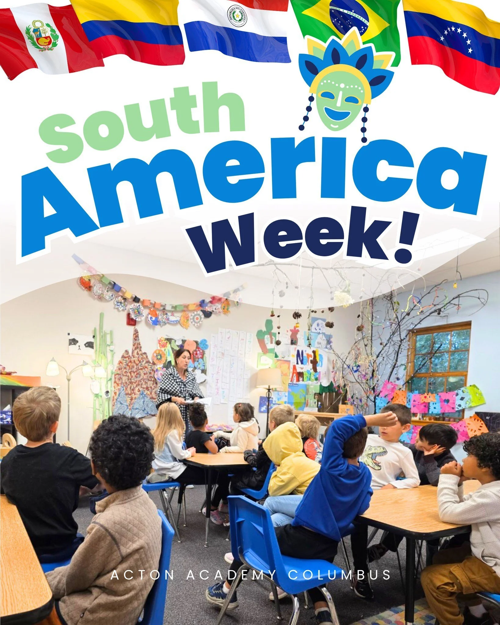South America Week at Acton Academy Columbus! 🇧🇷🇵🇾🇨🇴🇻🇪🇵🇪🇵🇷

Our Discovery Eagles and Sparks traveled across South America &mdash; learning, tasting, creating, and celebrating the beauty of each country!

🍞 Tastes of South America:
From P