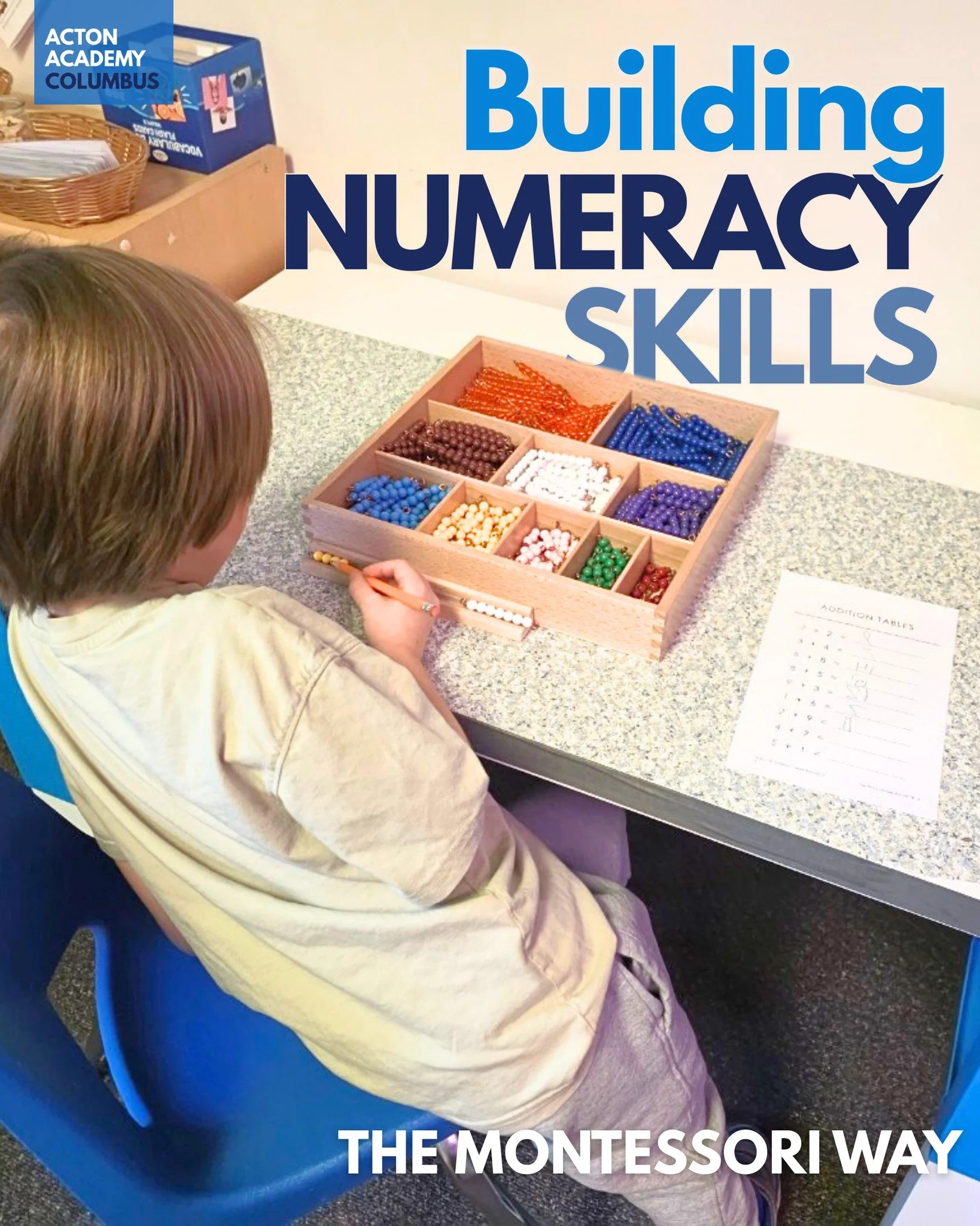 Math comes alive when children can touch it, see it and explore it. 

In our Montessori environment, learners build numeracy skills through hands-on materials that make abstract ideas concrete. 

Beads, rods, number tiles and place value tools help t