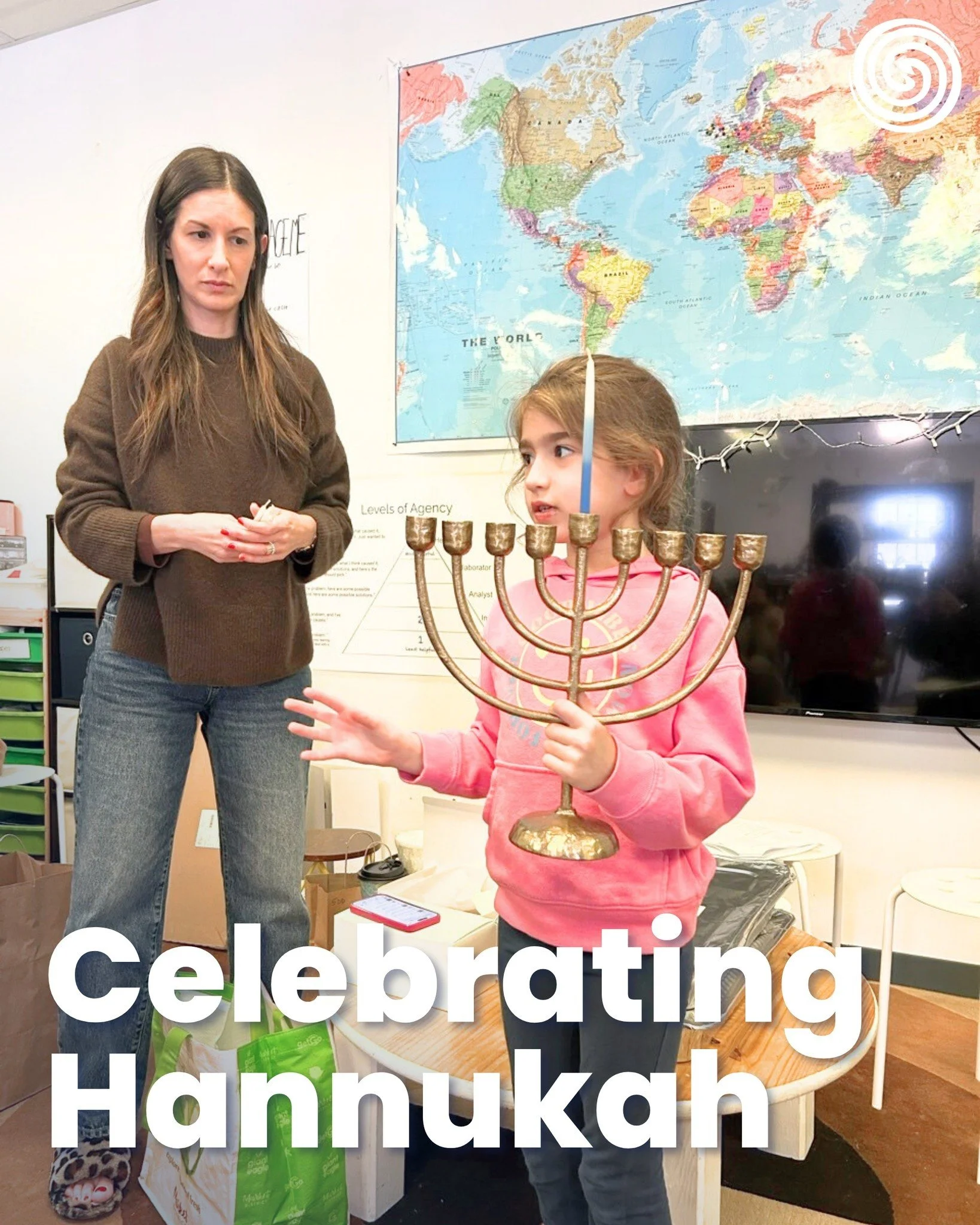 A huge thank you to our guest for sharing Hanukkah with our Eagles!

We learned through food, music, movement, and tradition.

- Potato latkes dipped in applesauce and sour cream.
- Sweet rugelach shared around the table.
- Dreidels spinning, music p