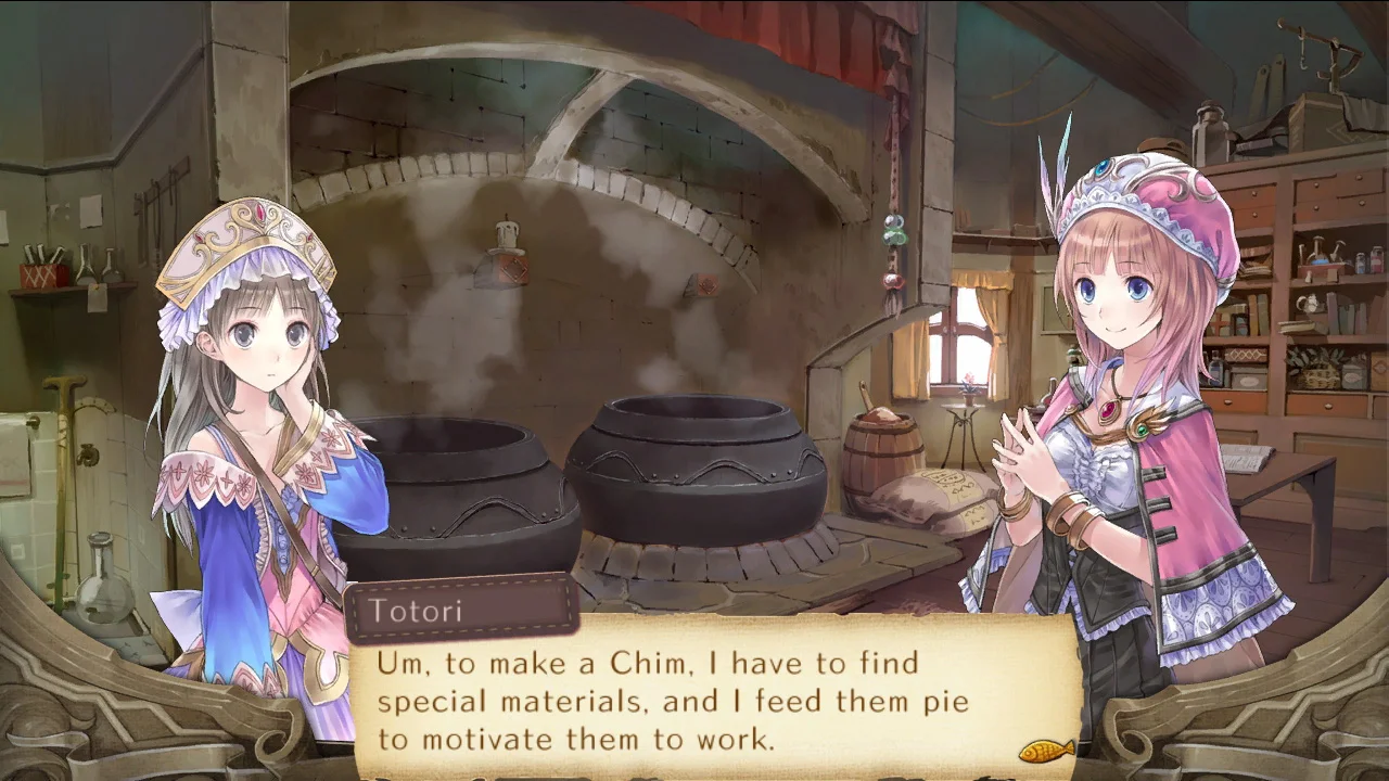 Atelier Totori — Do. Atelier uses background elements and decoration to add the fancy atmosphere, but its actual text is simple and clean.