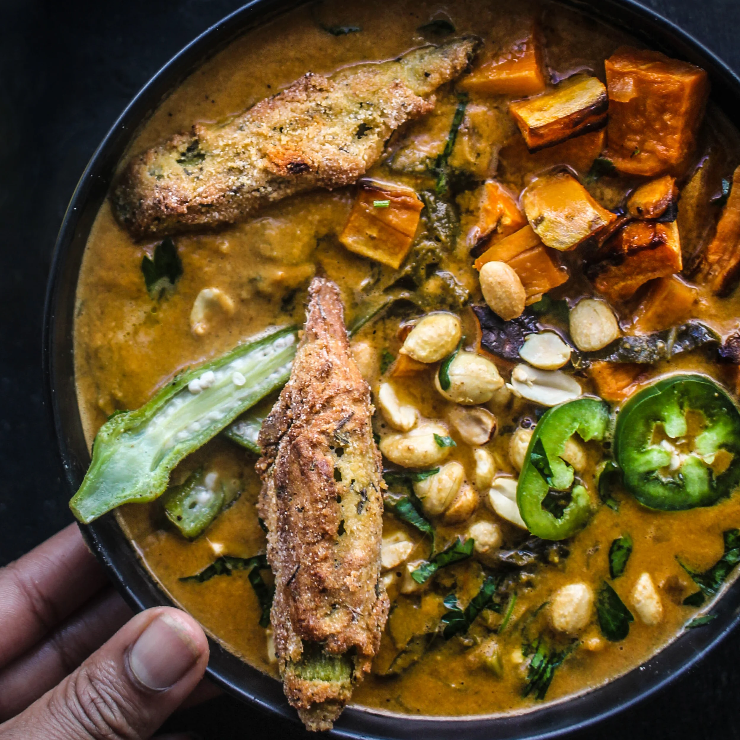 Creamy Peanut Stew with Crispy Baked Okra