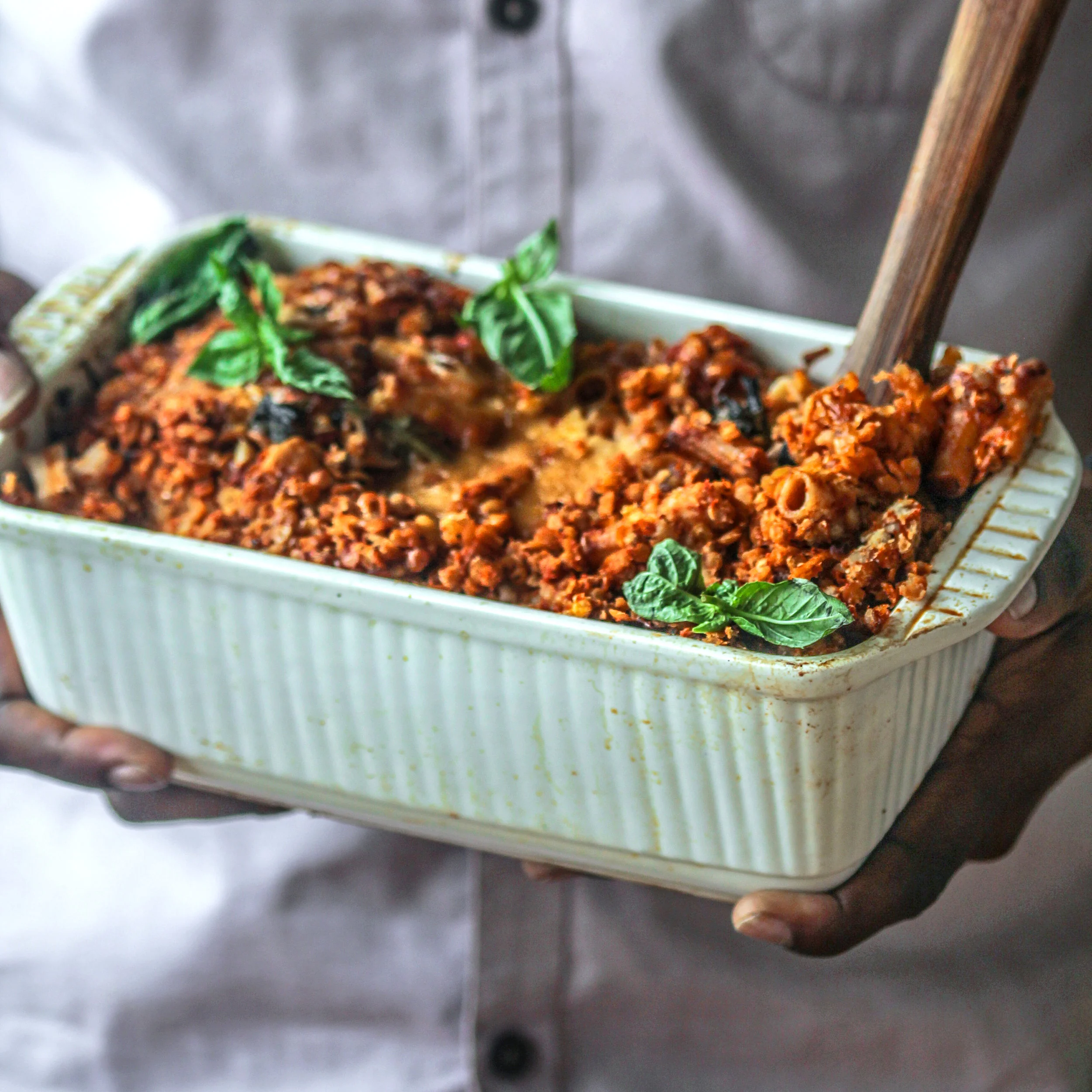 Brown Rice Baked Ziti with Red Lentil Bolognese