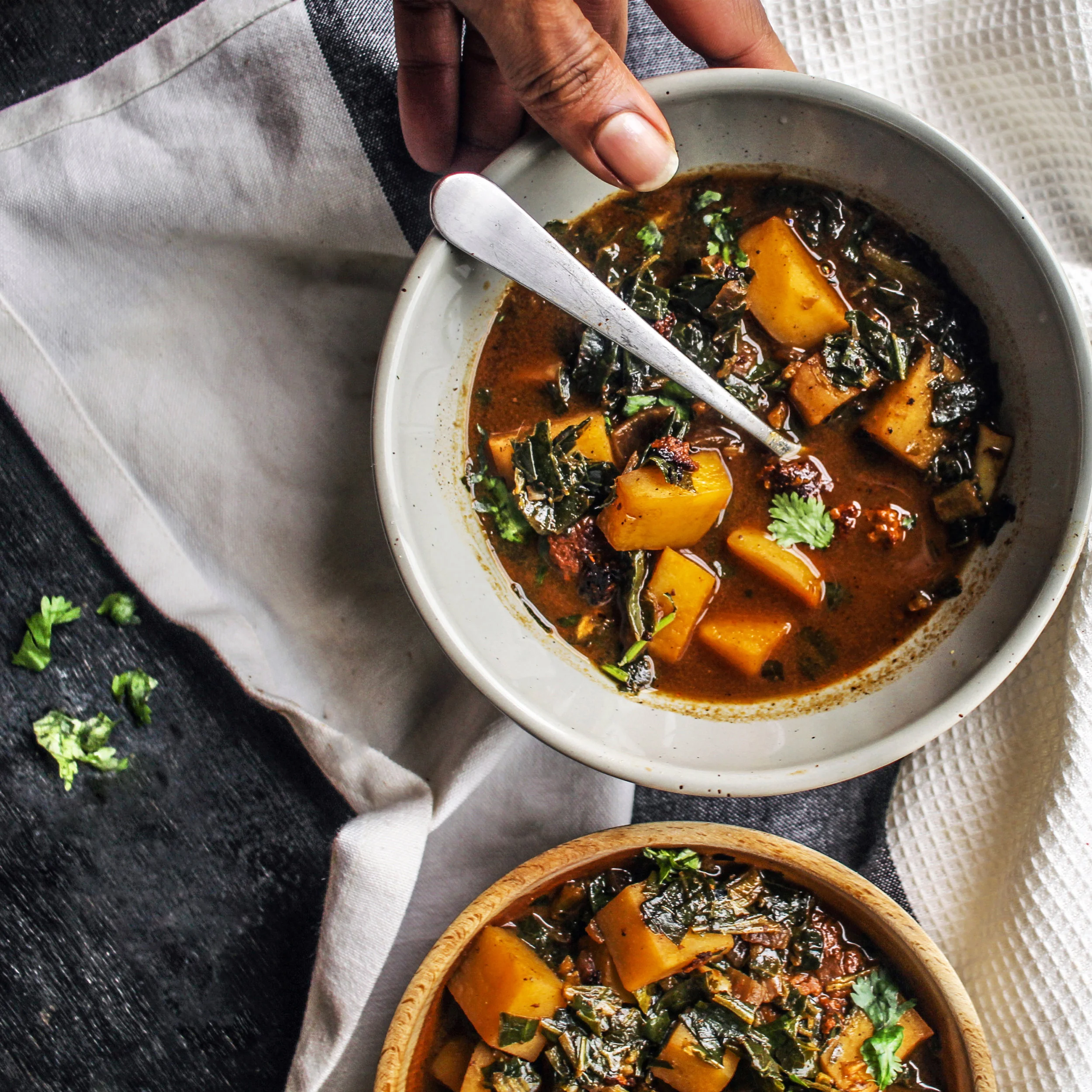 Potato Collard Green & "Chorizo" Soup + Comfort on Christmas Eve