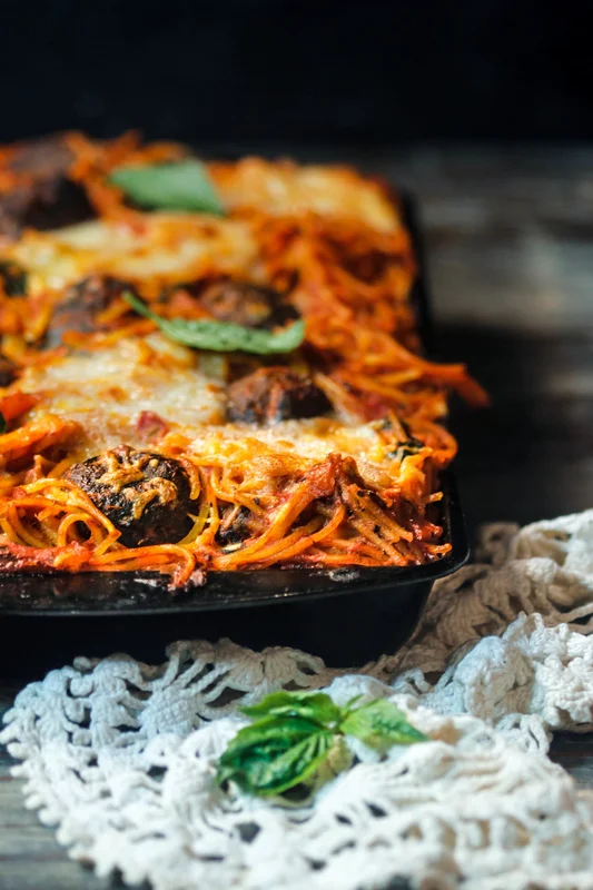 Baked Spaghetti with Black Bean Meatballs