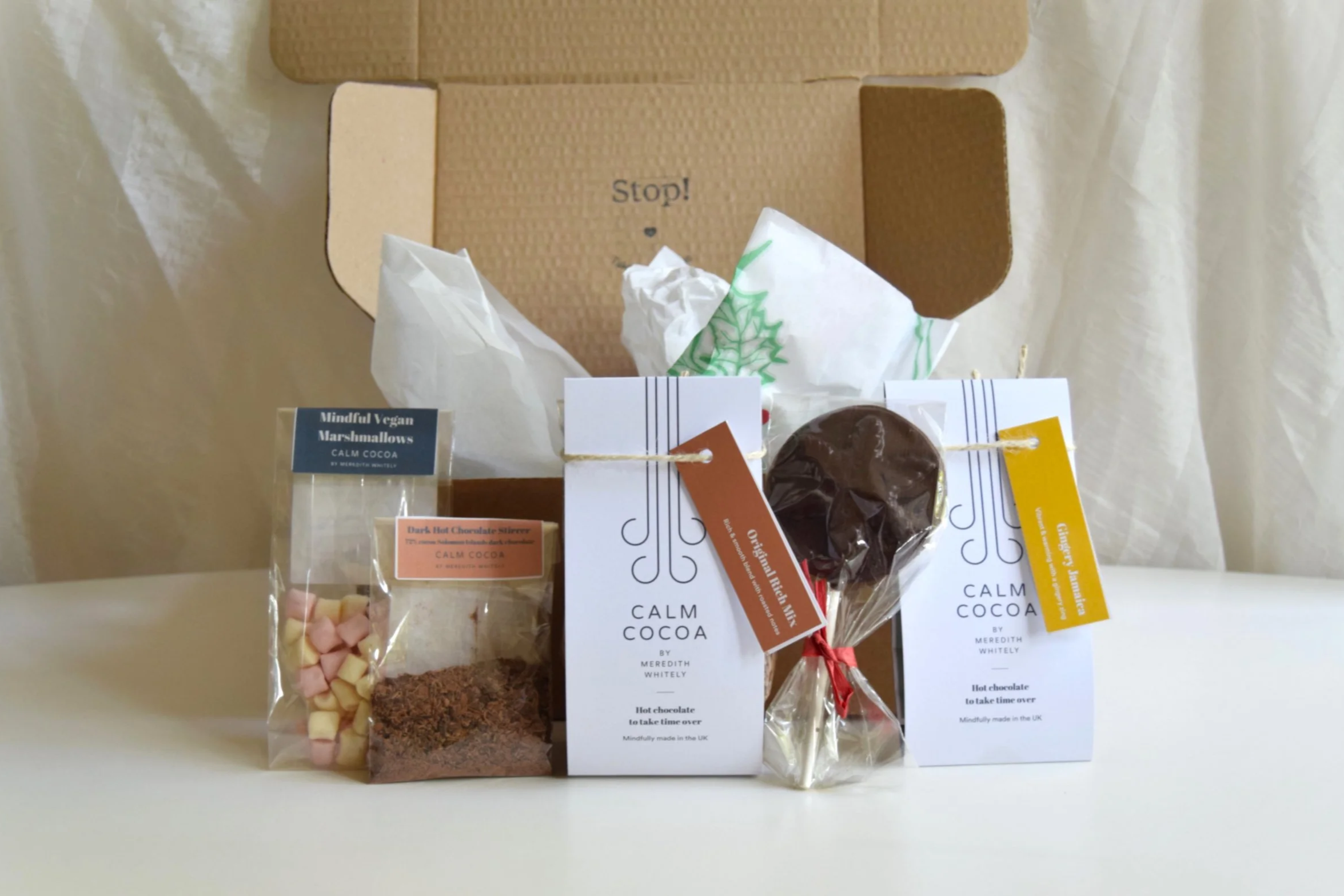 Calm Cocoa vegan friendly hot chocolate Christmas collection with small batch hot chocolate, vegan mallows and handmade chocolatey treats