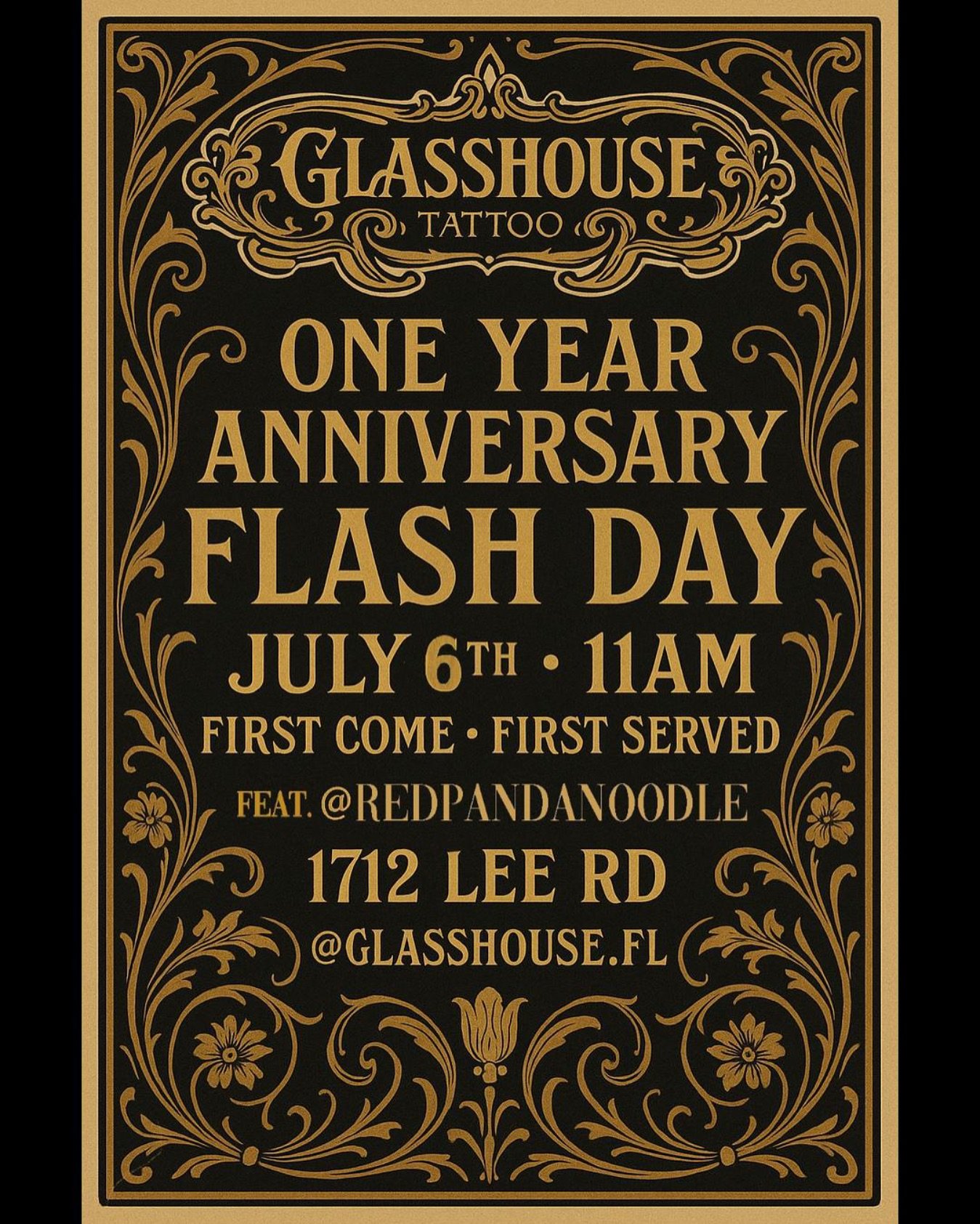 Posting this on the main to ensure there is NO EXCUSE not to see all your smiling faces for our one year! Mark yer calendars - more info and the designs will be out soon at the shop page! 🖤🖤 @glasshouse.fl 
.
.
.
.
#floridatattoo #floraltattoo #orl