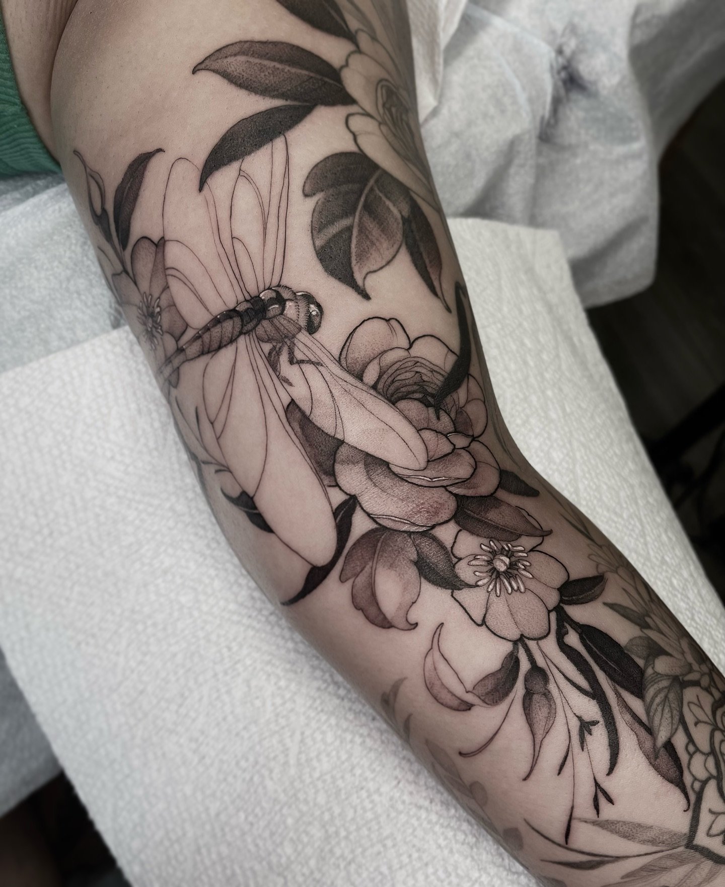 Shoutout to Nicole for letting me turn her whole arm into a botanical Airbnb for this dragonfly. Booking for more nature nonsense now! @glasshouse.fl 
.
.
.
.
.
#blackandgrey #blackandgreytattoo #dragonflytattoo #botanicaltattoo #floraltattoo #orland
