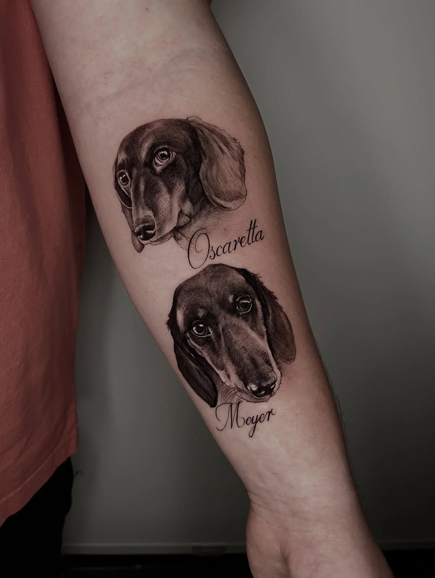IG meet Oscaretta and Meyer - a tribute to Doug&rsquo;s two wiener dogs, confirmed sweet girls. Do you love your animals unconditionally and want their face tattooed? I&rsquo;d love to do it for ya, booking now! @glasshouse.fl 
.
.
.
.
#blackandgreyt