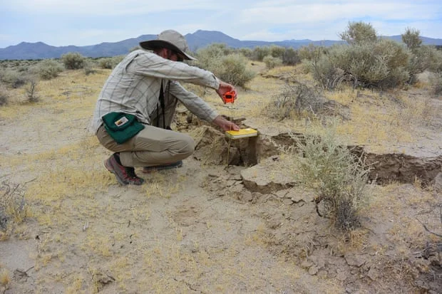 USGS geologist Christopher DuRoss measures the surface displacement from the Ridgecrest-area earthquake. Photograph: Ryan Gold/USGS