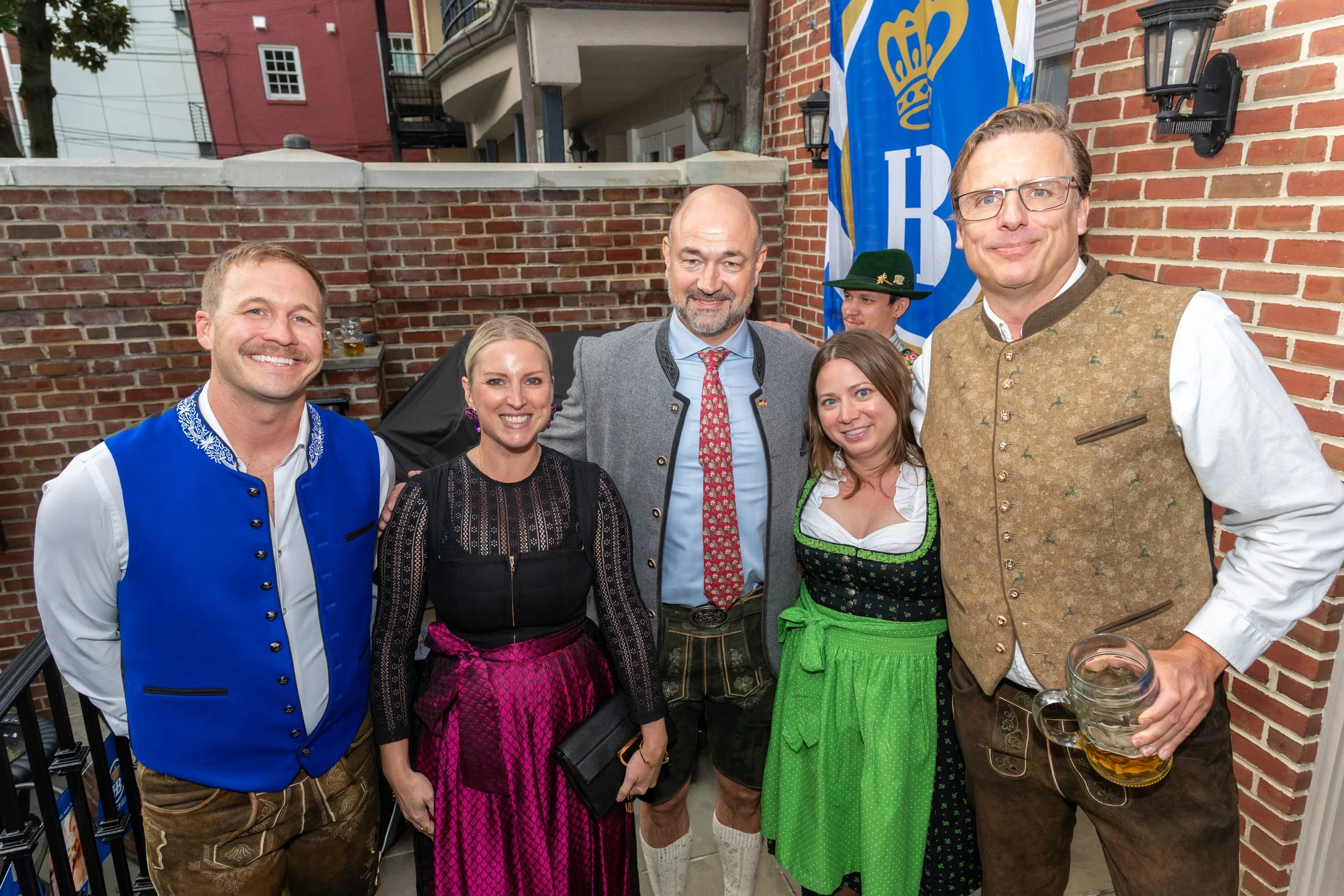  2026 GABC Oktoberfest: From left: Kevin Dibb (German Embassy), Amelie Giesemann (EU Parliament Liaison Office), Jean Pierre Froehly (German Embassy), Julie Eubank (National Academy of Sciences), Uli Gamerdinger (GABC) 