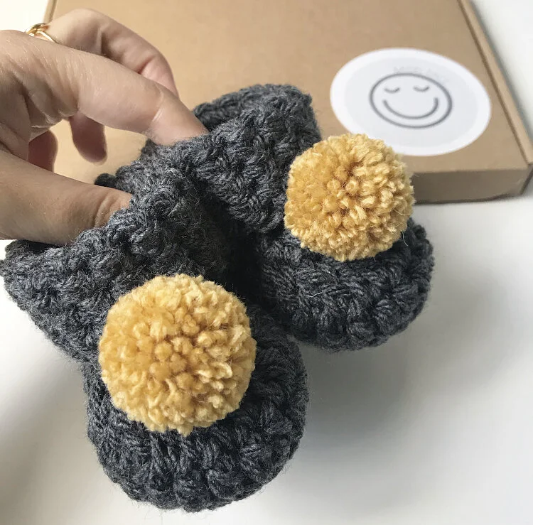 Charcoal & Mustard Pom-Pom Baby Booties (0-3 months)