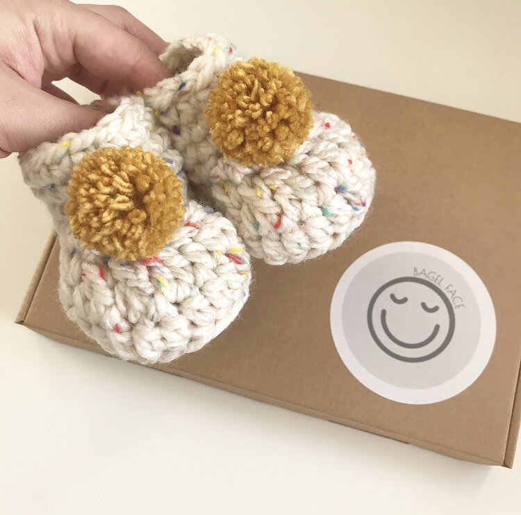 Rainbow & Mustard Pom-Pom Baby Booties (0-3 months)