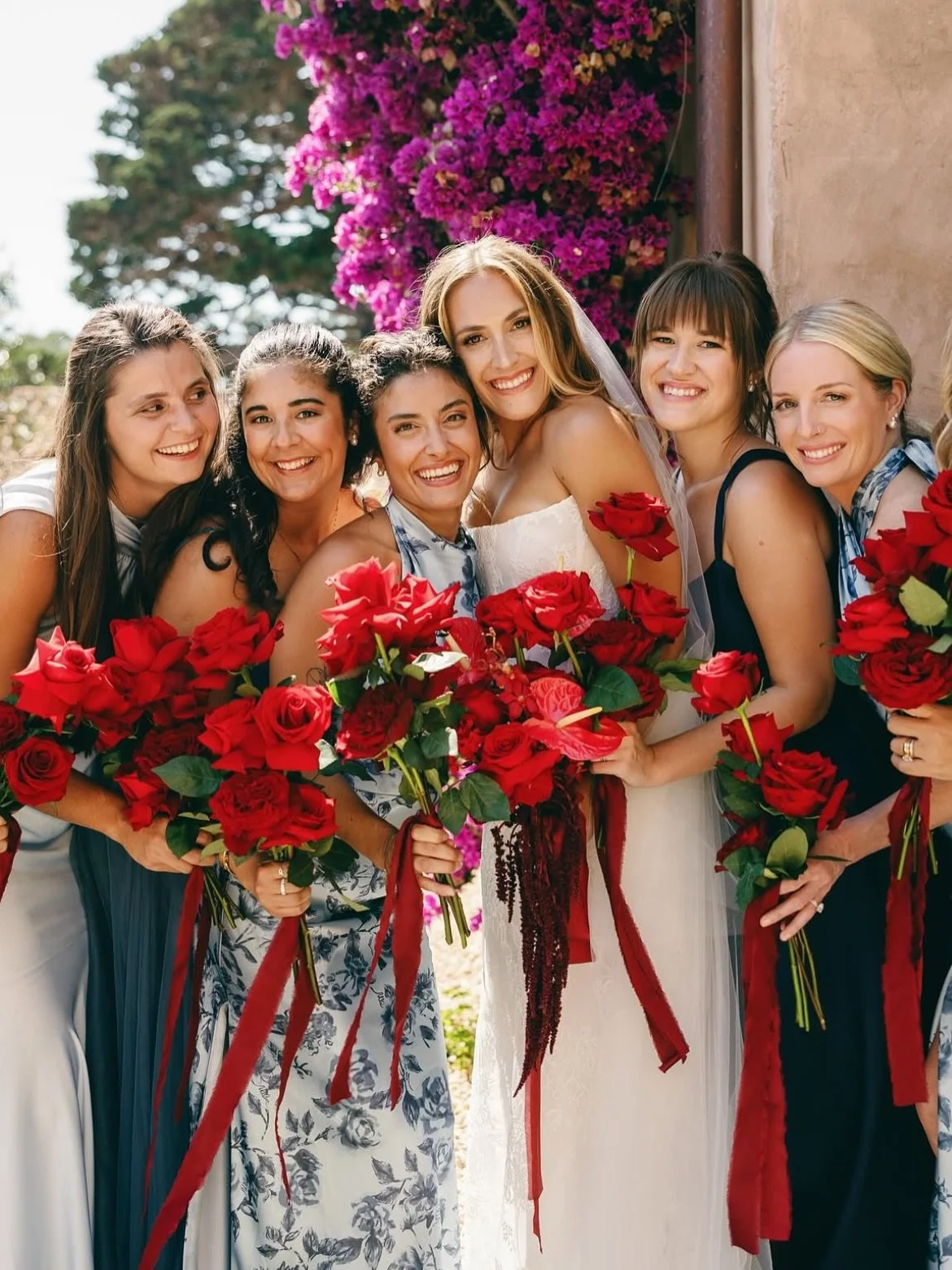 The bride, her besties and the most beautiful bouquets 🌹&hearts;️🍒 by @loveandflowersbyangie #asentimentalbride wears @varca.studio 📸 @anna.j.ray