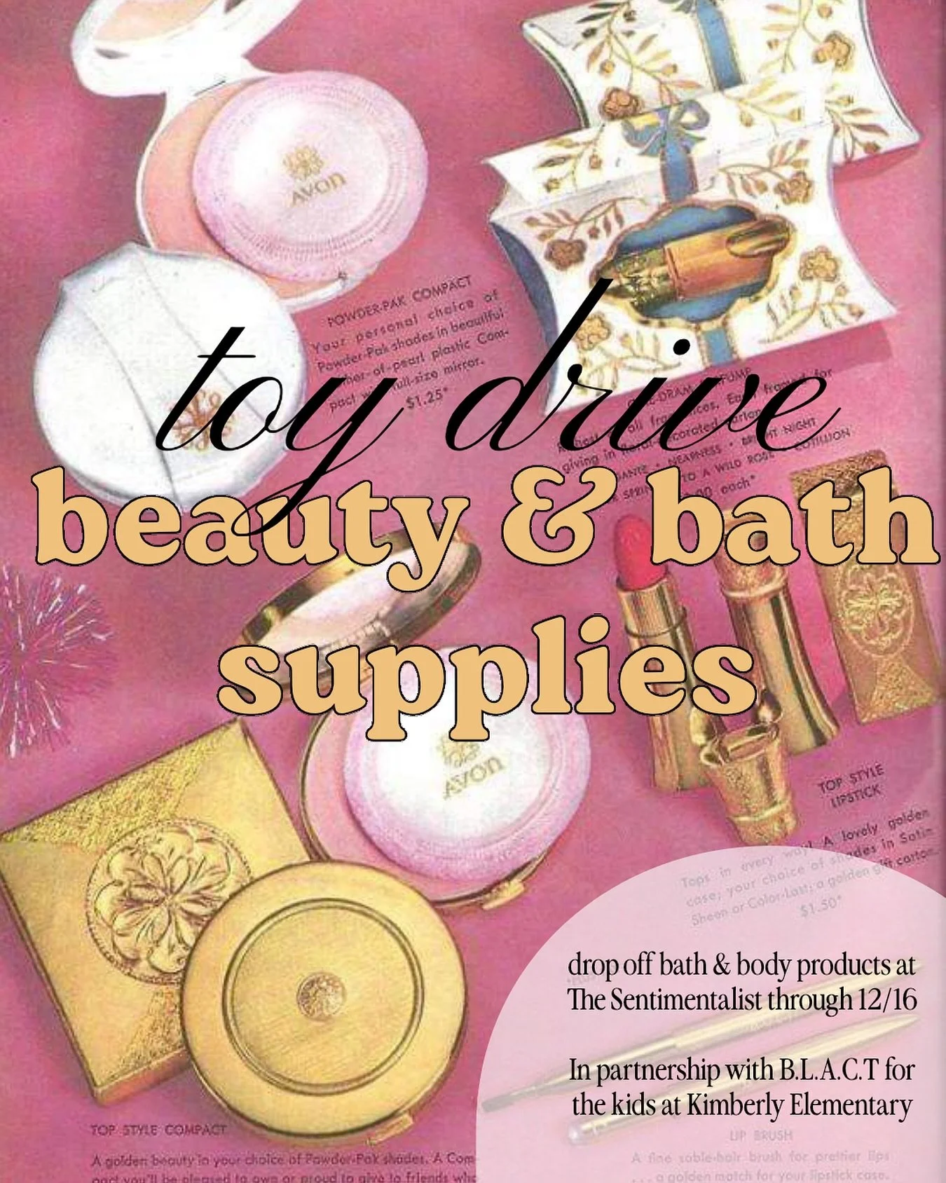 TOY DRIVE LOCATION - We are collecting adolescent bath &amp; beauty products for the annual @blactatl Festival of Trees toy drive, co-founded by shop girl and super mom @britminnieweather and for the kids at Kimberly Elementary 🫶 Drop off any toys o