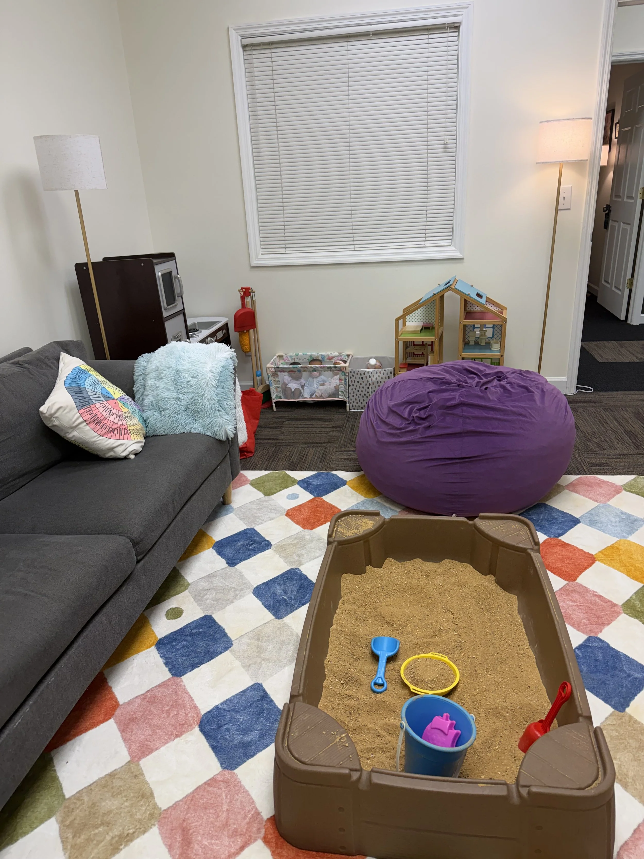 Welcome to our play therapy room, specifically designed to support children aged 4 and above in utilizing their natural language and engaging in play to identify and address the challenges they encounter. Our trained therapists provide guidance and s