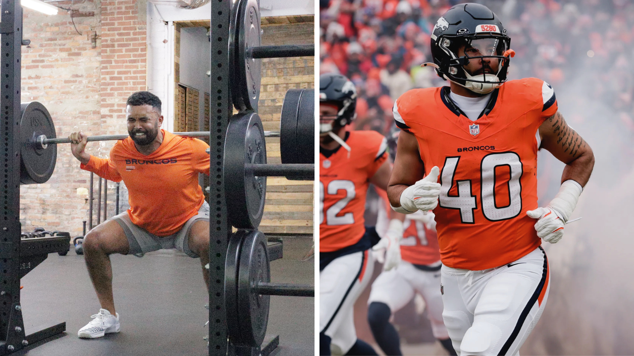 Side-by-side image of professional athlete squatting in the gym and competing on the field showing how performance training prepares athletes for competition