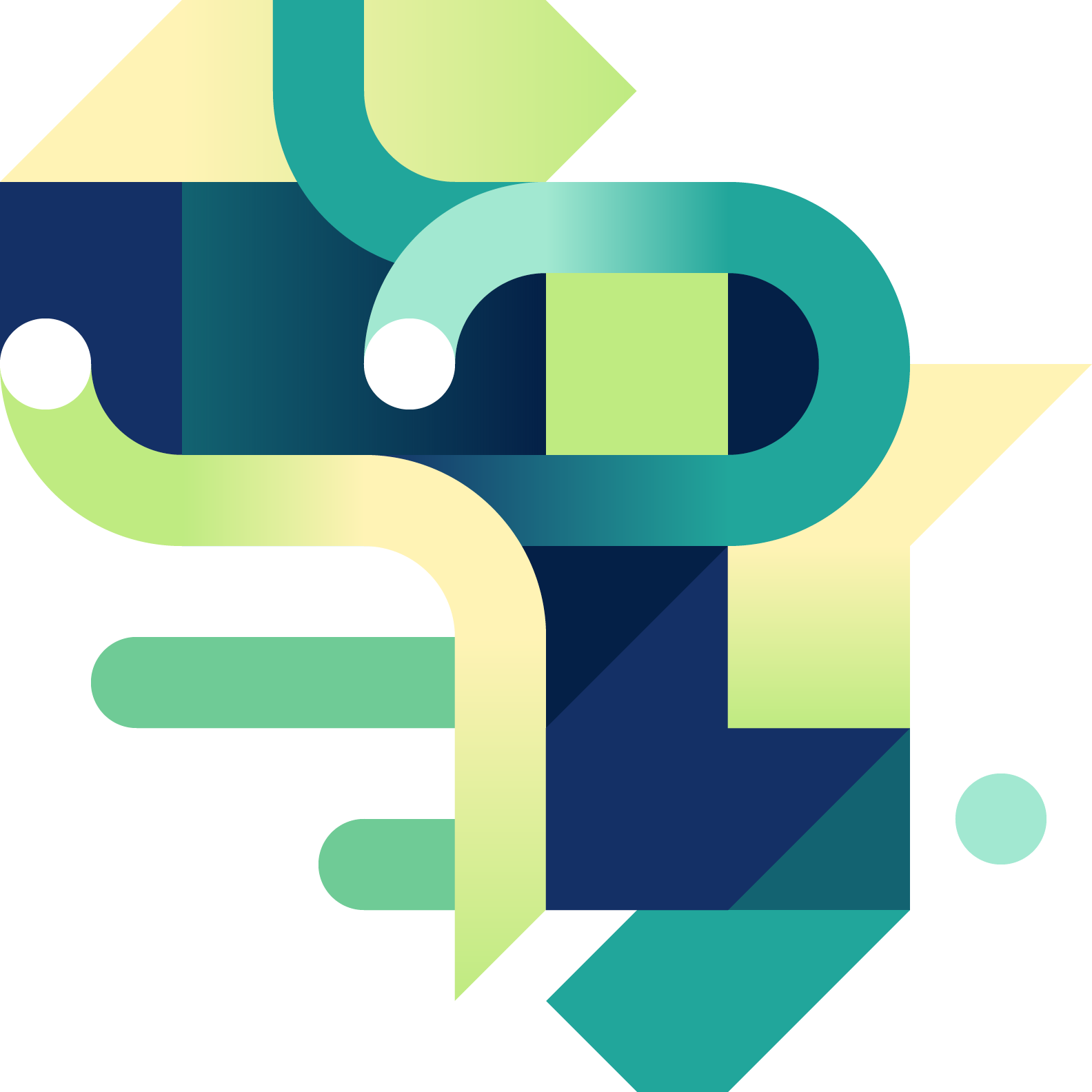 An abstract geometric design with overlapping shapes in shades of green, blue, white, and black.