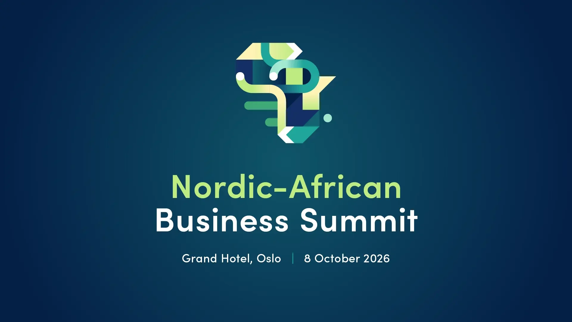 Event poster for the Nordic-African Business Summit at the Grand Hotel in Oslo on October 8, 2026, with a stylized map of Africa and Scandinavia logo.