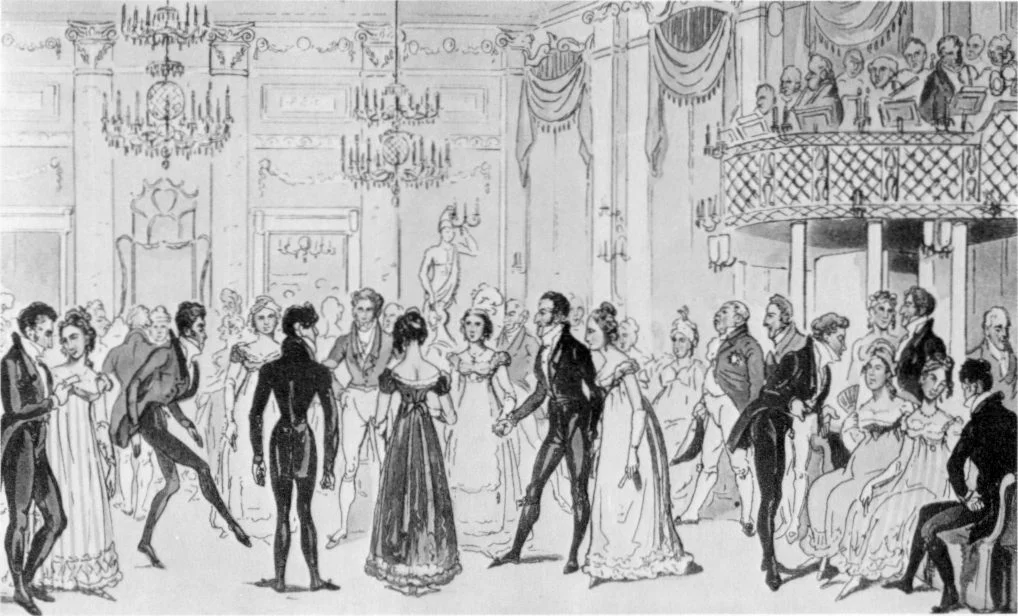 A Ball at Almack's Assembly Rooms in London, illustration from the "Tom and Jerry" book (1821) by George Cruikshank