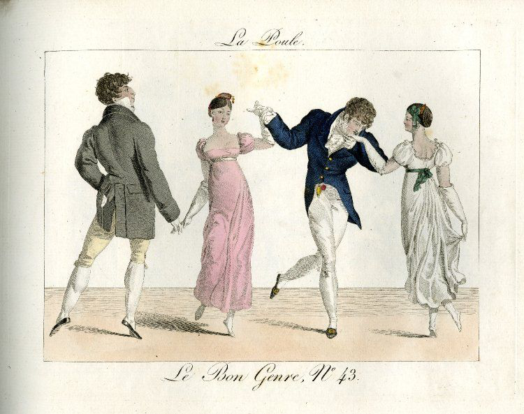 Plate 43: two couples dancing holding hands in a line. 1812 Hand-coloured etching © The Trustees of the British Museum