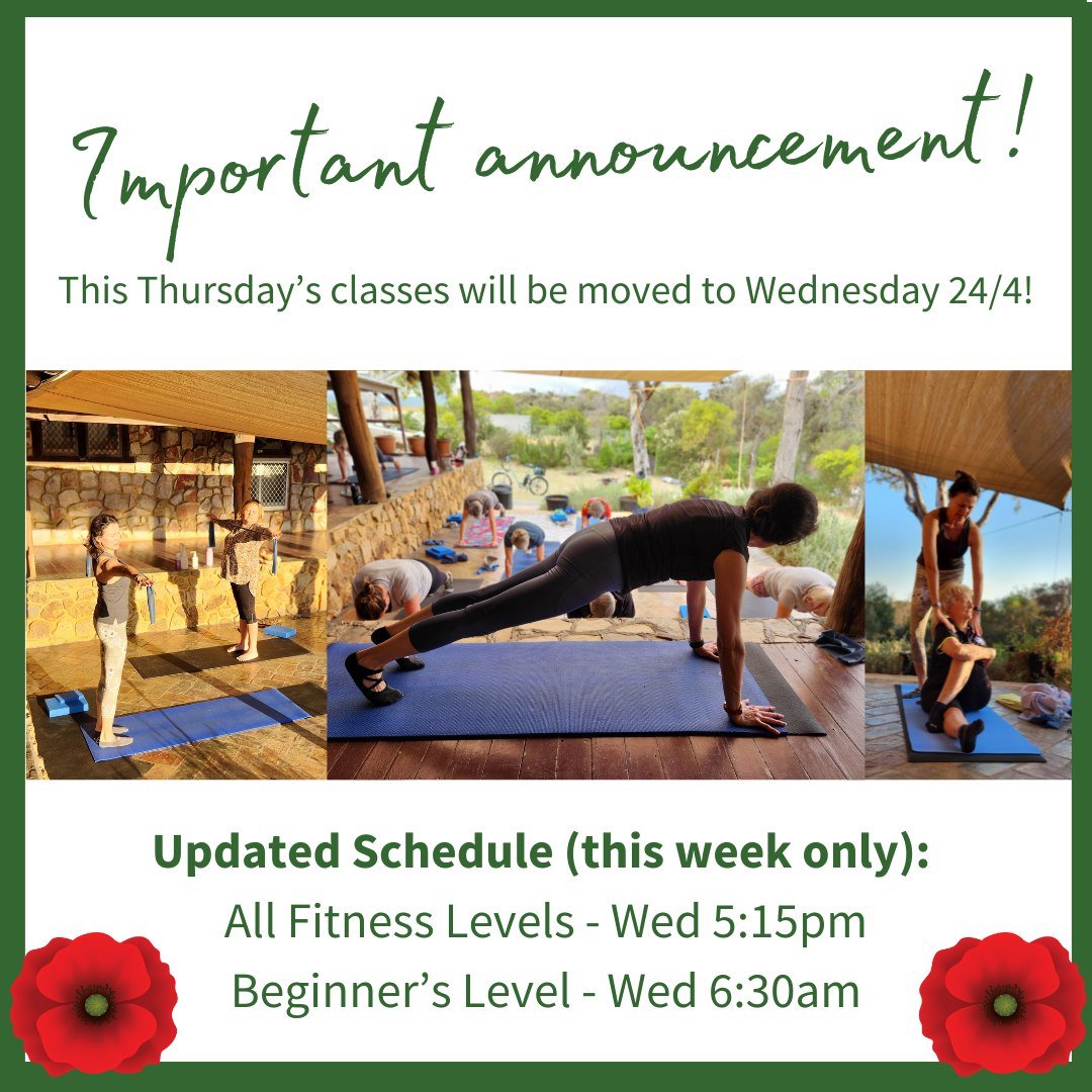 ❗ IMPORTANT ANNOUNCEMENT ❗

Both of this week's Thursday classes will be moved to Wednesday the 24th of April. It's just for this week only because of ANZAC Day on Thursday.🎖️

All Fitness Levels - Wednesday at 5:15pm.
Beginner's Level - Wednesday a