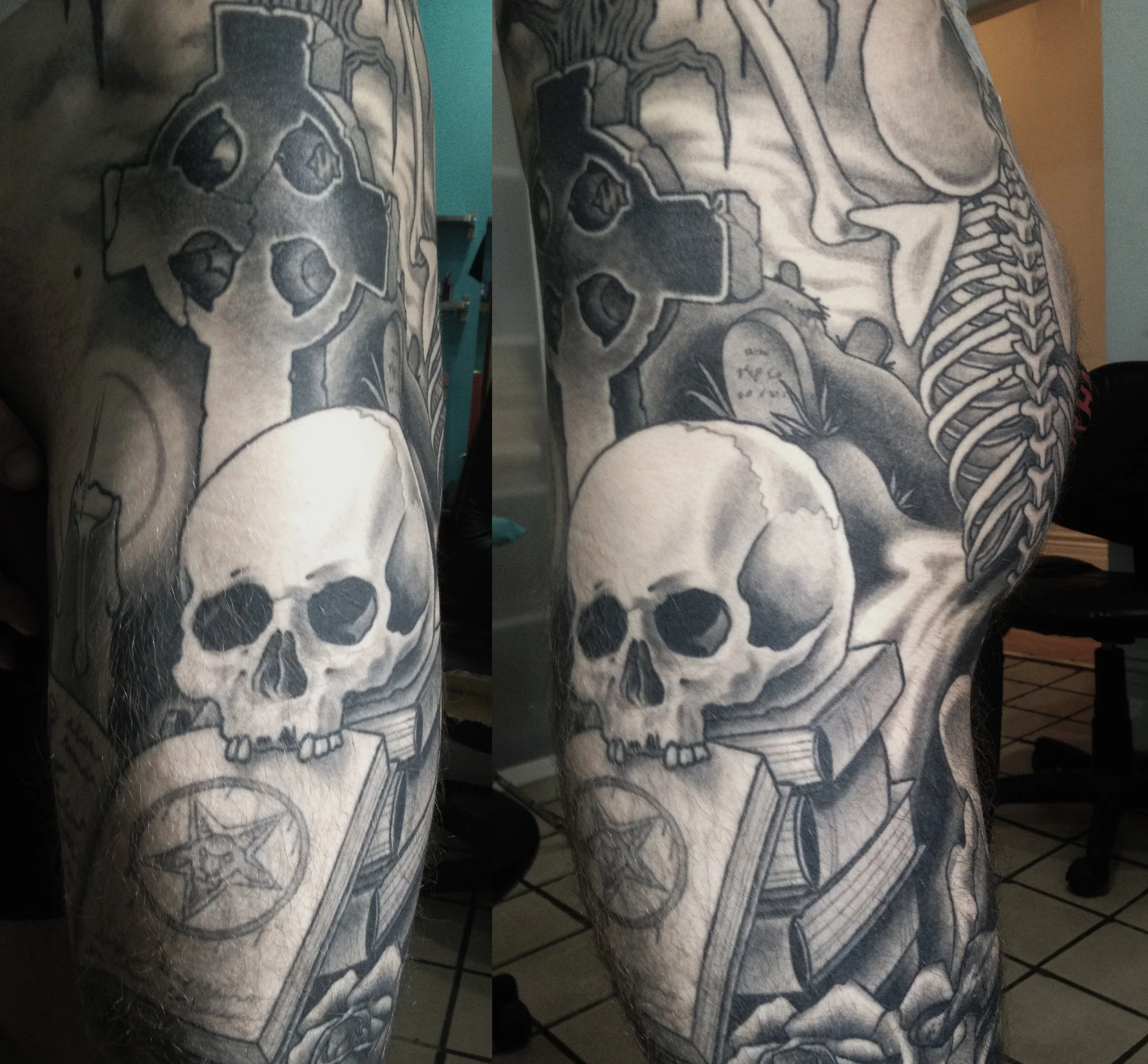 Black and grey body suit by Tyson Ward featuring a skull, grave stones and a spell book