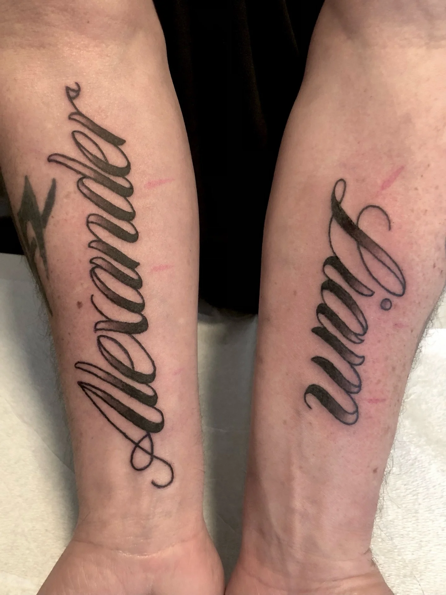 Black and grey script lettering. Thanks Keith! DM to talk tats. 
.
.
.
.
#lettering #gtatattoos #orangeville #orangevilleontario #dufferincounty