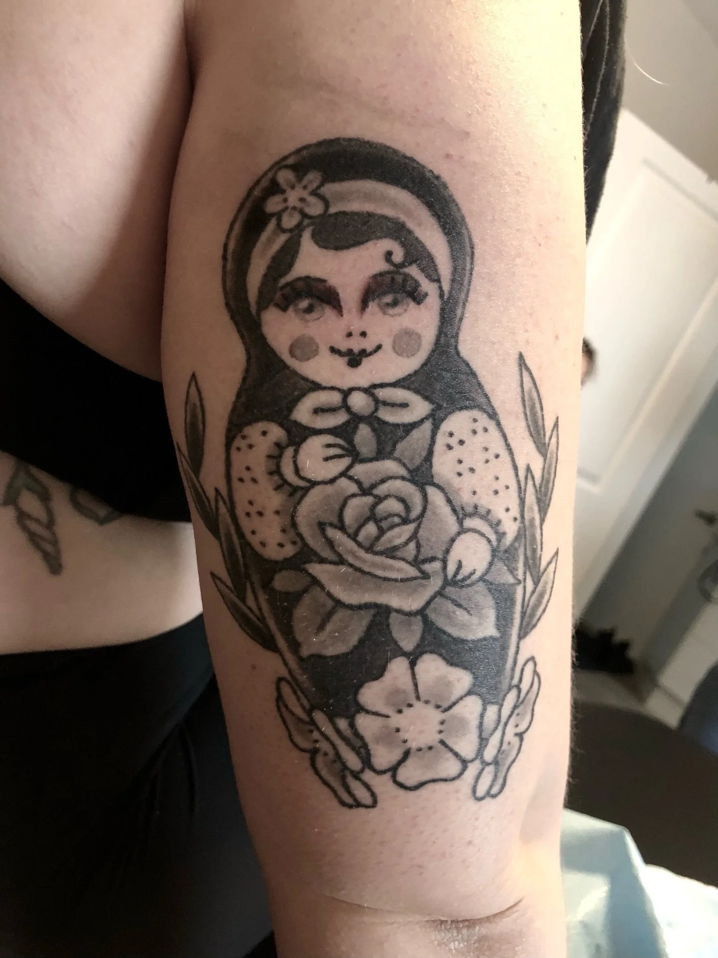 Black and grey Matryoshka doll for Michelle. Great seeing you! 
.
.
.
.
#blackandgreytattoo #orangeville #orangevilletattoos #dufferincounty #gtatattoos