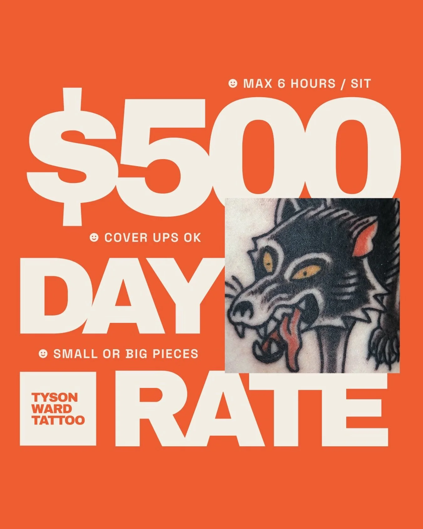 Now offering a 6-hour day rate for $500 &mdash; sit up to 6 hours in a single session to claim this rate. This can be used toward one large piece or multiple smaller pieces.

Available in black and grey or full-colour work, cover-ups welcome.

DM to 