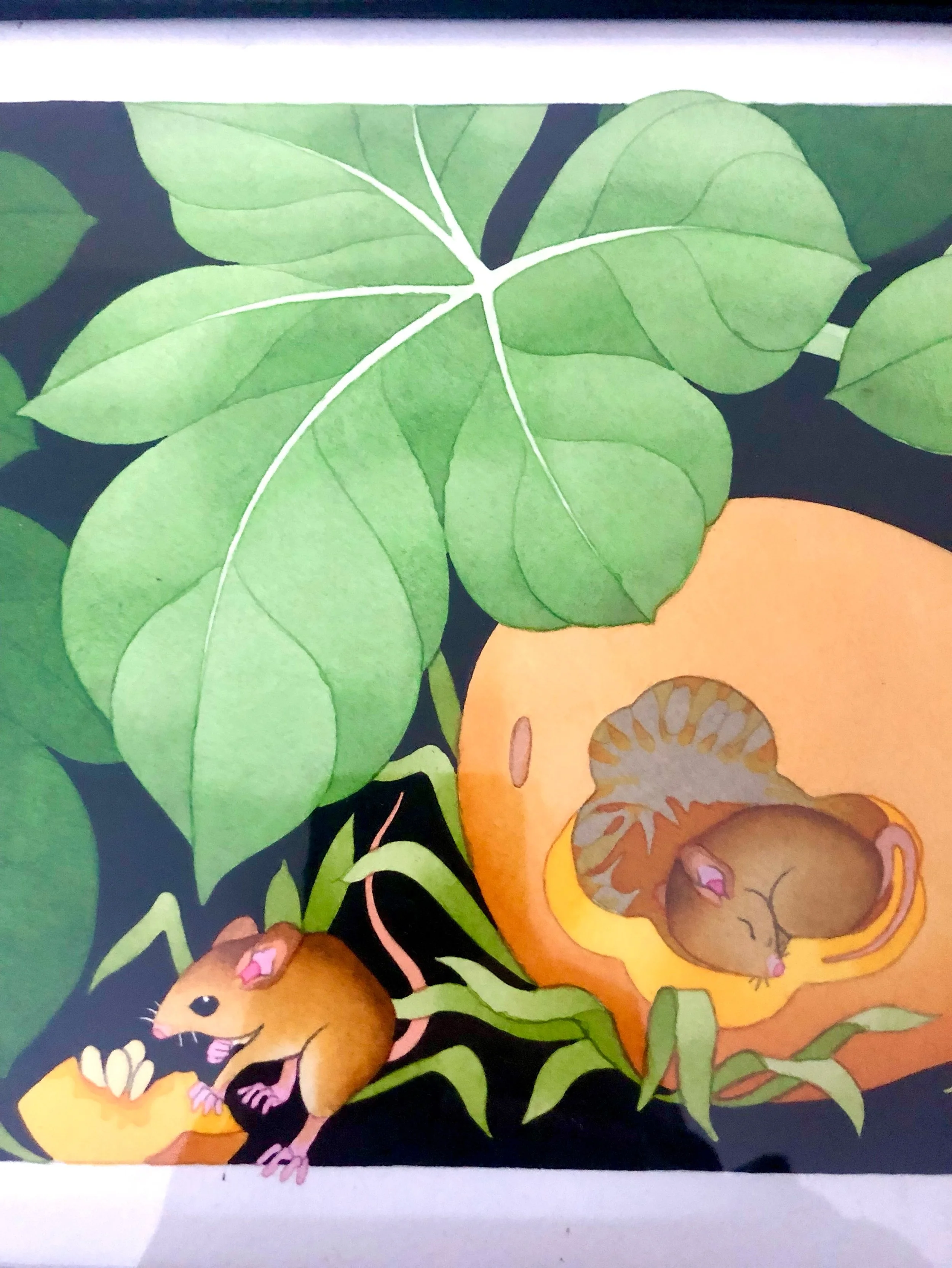 Mice with squash blossoms. Acrylic ink on ??? paper from the stash. 

#orangeville #dufferincounty #shelburne #caledon #grandvalley